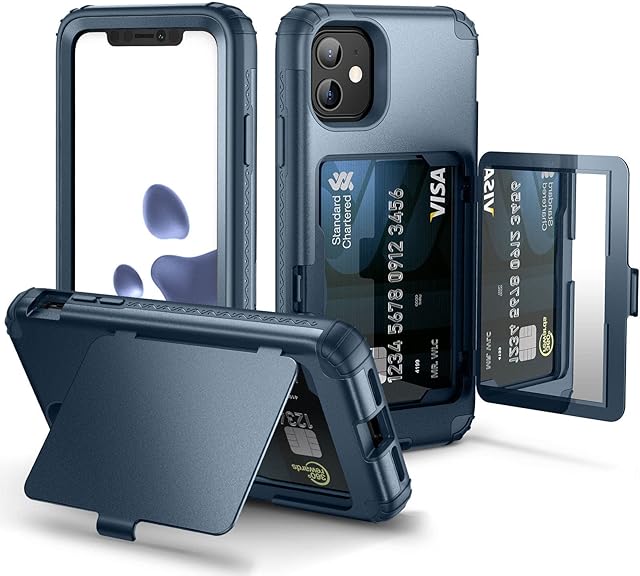 WeLoveCase iPhone 11 Wallet Case for Women Defender Credit Card Holder Cover with Hidden Mirror Three Layer Shockproof Heavy Duty Protection All-Round Protective Case for iPhone 11 Blue