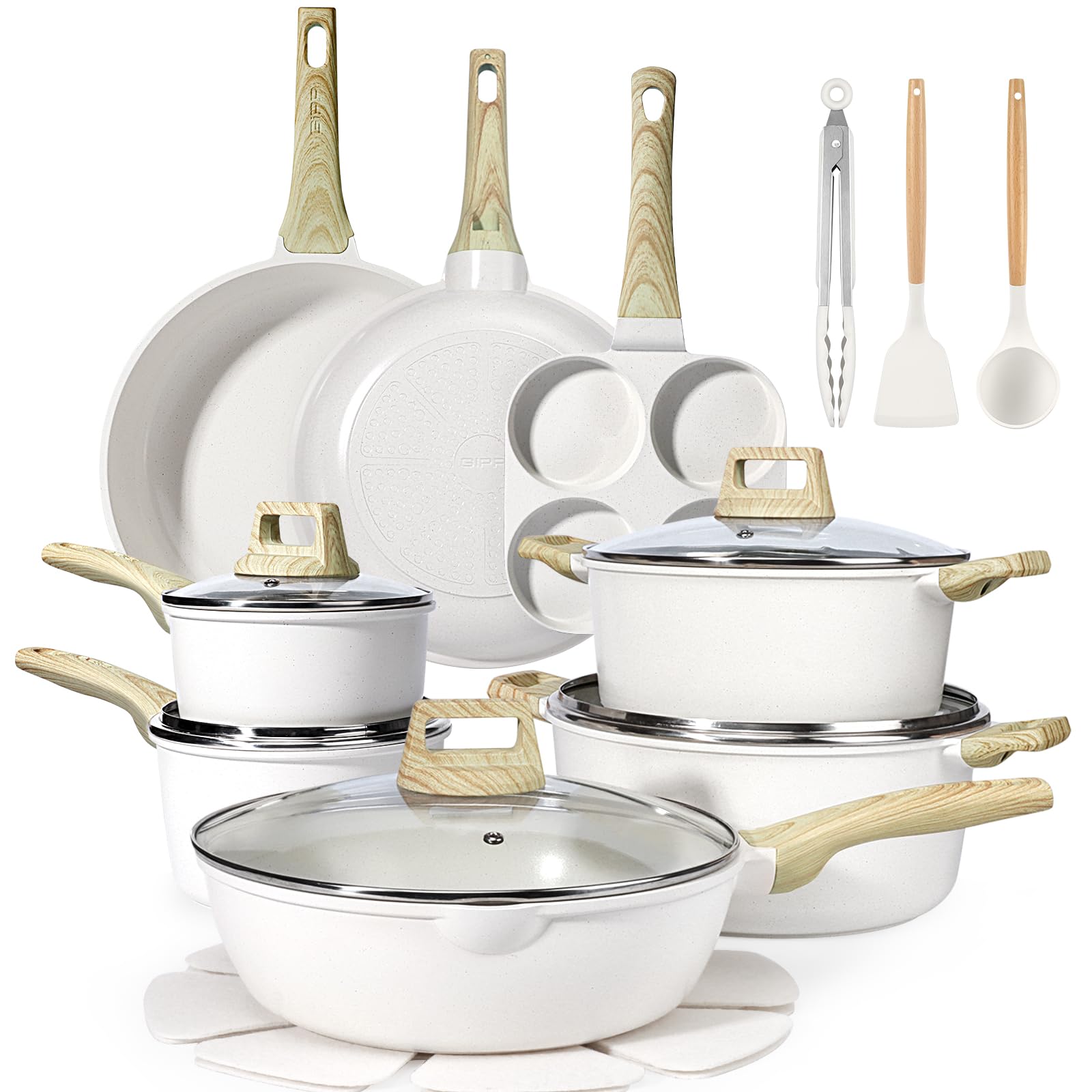 GiPP Ceramic Pots and Pans Set Non Stick - 22Pcs Nonstick Cookware Set, Non-Toxic Healthy Kitchen Cooking Set w/Frying Pans Set, Dishwasher Safe, PFAS PTFE PFOA PFOS Free, Cream White