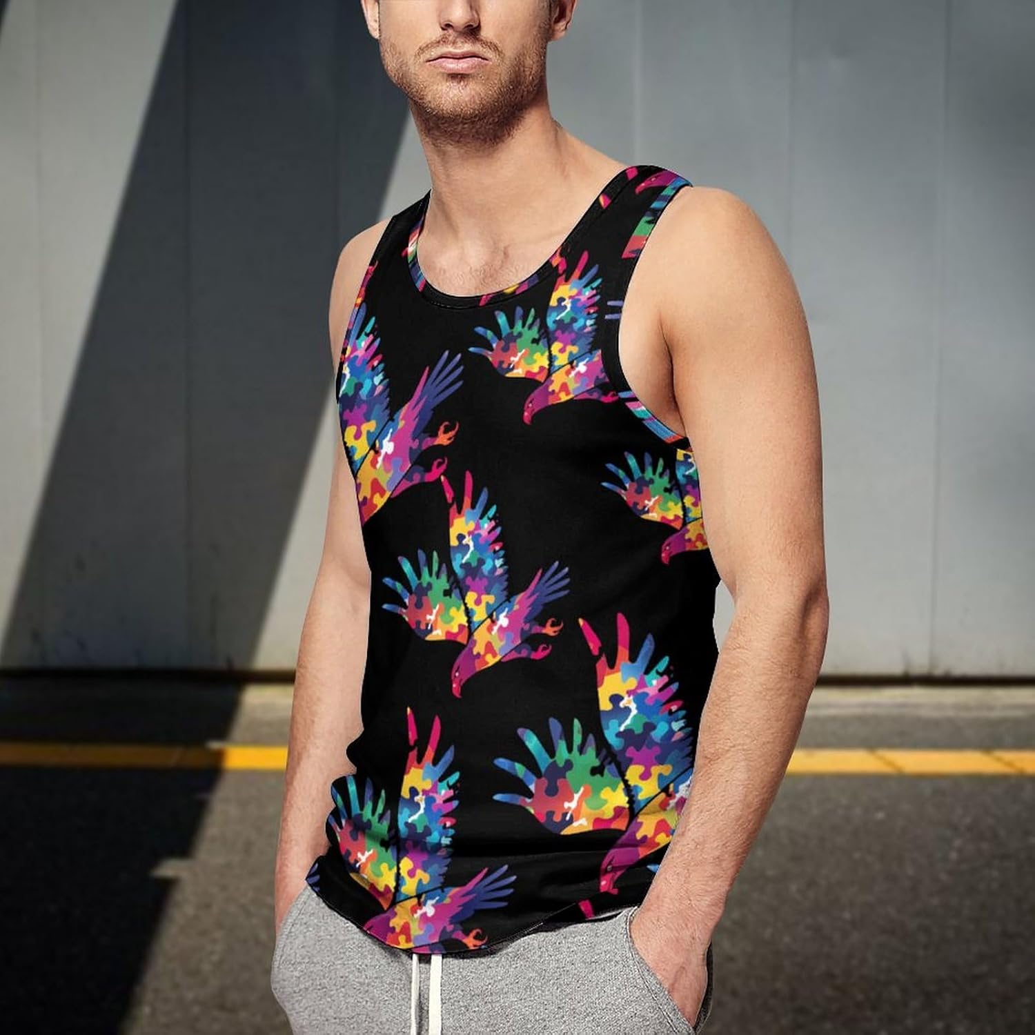 Eagle Autism Awareness Puzzle Men's Tank Top Sleeveless Muscle Shirts Vest Beach T Shirts for Workout Gym