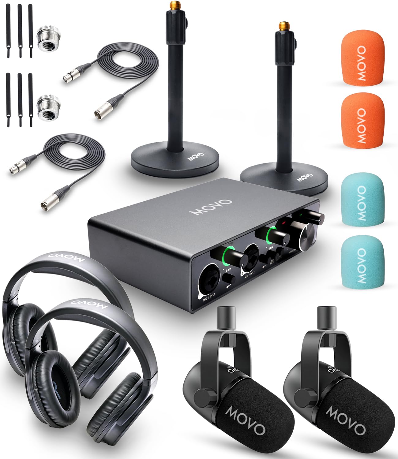 Movo Podcast Equipment Bundle for 2 with USB Audio Interface and 2 CastMic Dynamic Podcast Microphone Bundle with Mic Stands and Headphones for Podcasting, Streaming, and Musicians - Podcast Kit