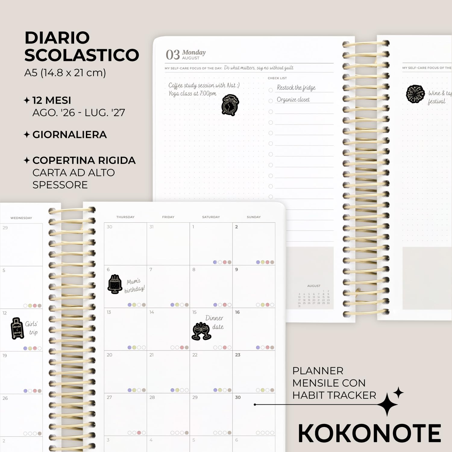 Kokonote Agenda Giornaliera 2026 2027 Misty Gray - Diario Scuola 2026 2027 per Università e Scuola Superiore | Daily Planner con Copertina Rigida, Segnalibri, Stickers e Anelli Rinforzati (18x21,5cm)