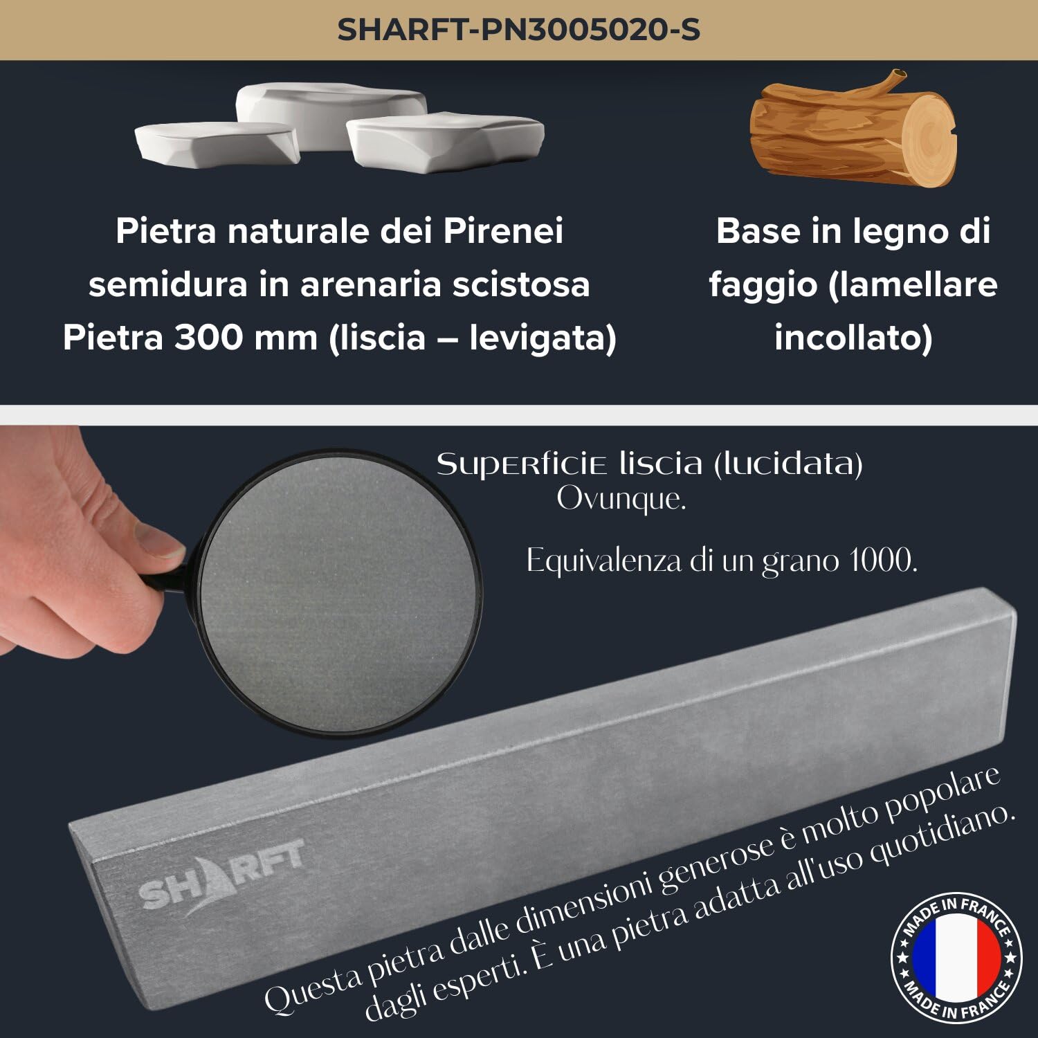 SHARFT, pietra per affilare naturale dei Pirenei, equivalente a grana 1000 + base in legno. Pietra per affilare 300 mm. Affilacoltelli da cucina, ecc. Affilacoltelli professionale. PRODOTTO IN FRANCIA