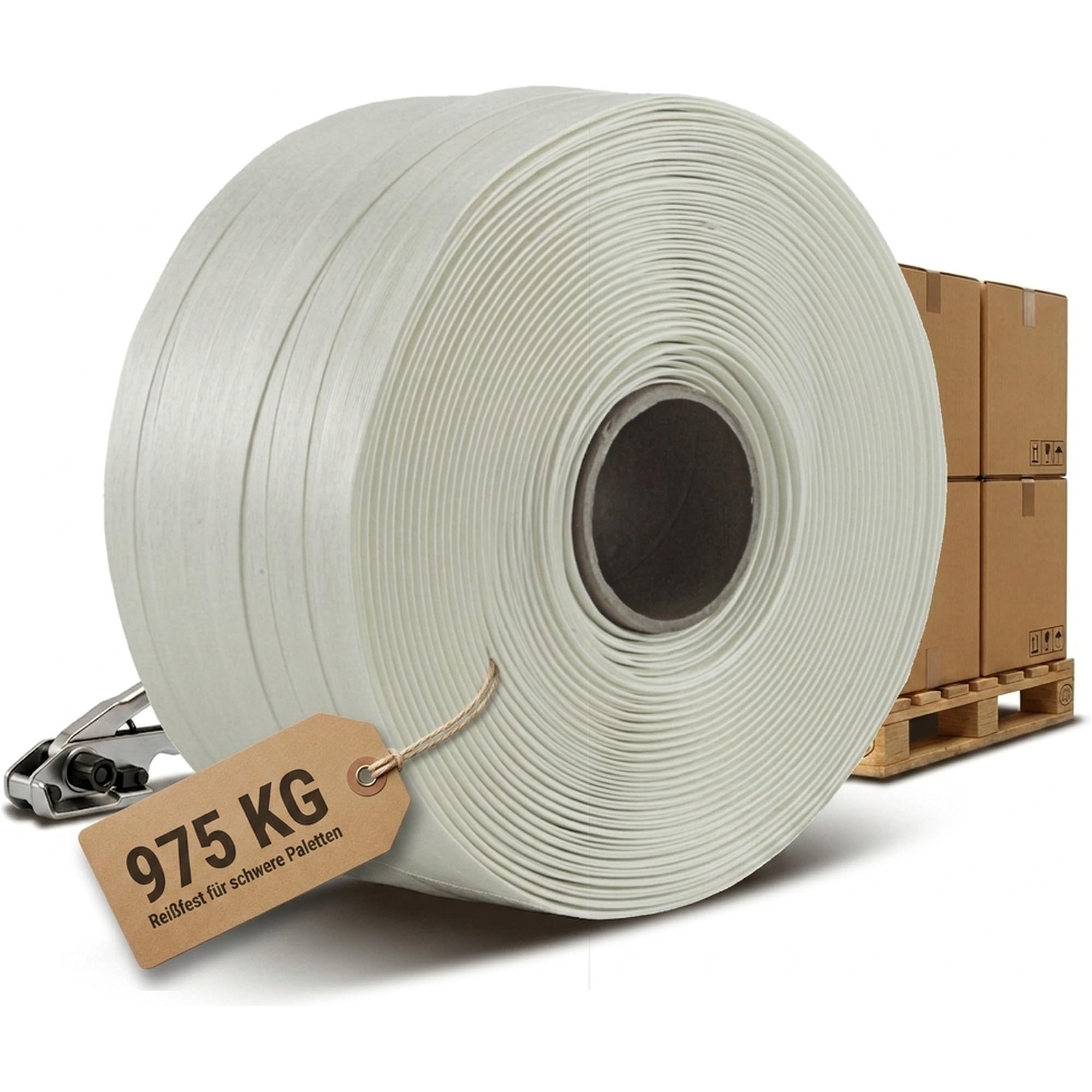 KK Verpackungen Textil Umreifungsband 19 mm x 400 m | 8 x Rollen, Reißfestigkeit 975 KG | Hotmelt Polyesterband fadenverstärkt | Kern 76 mm | Für scharfkantige Materialien