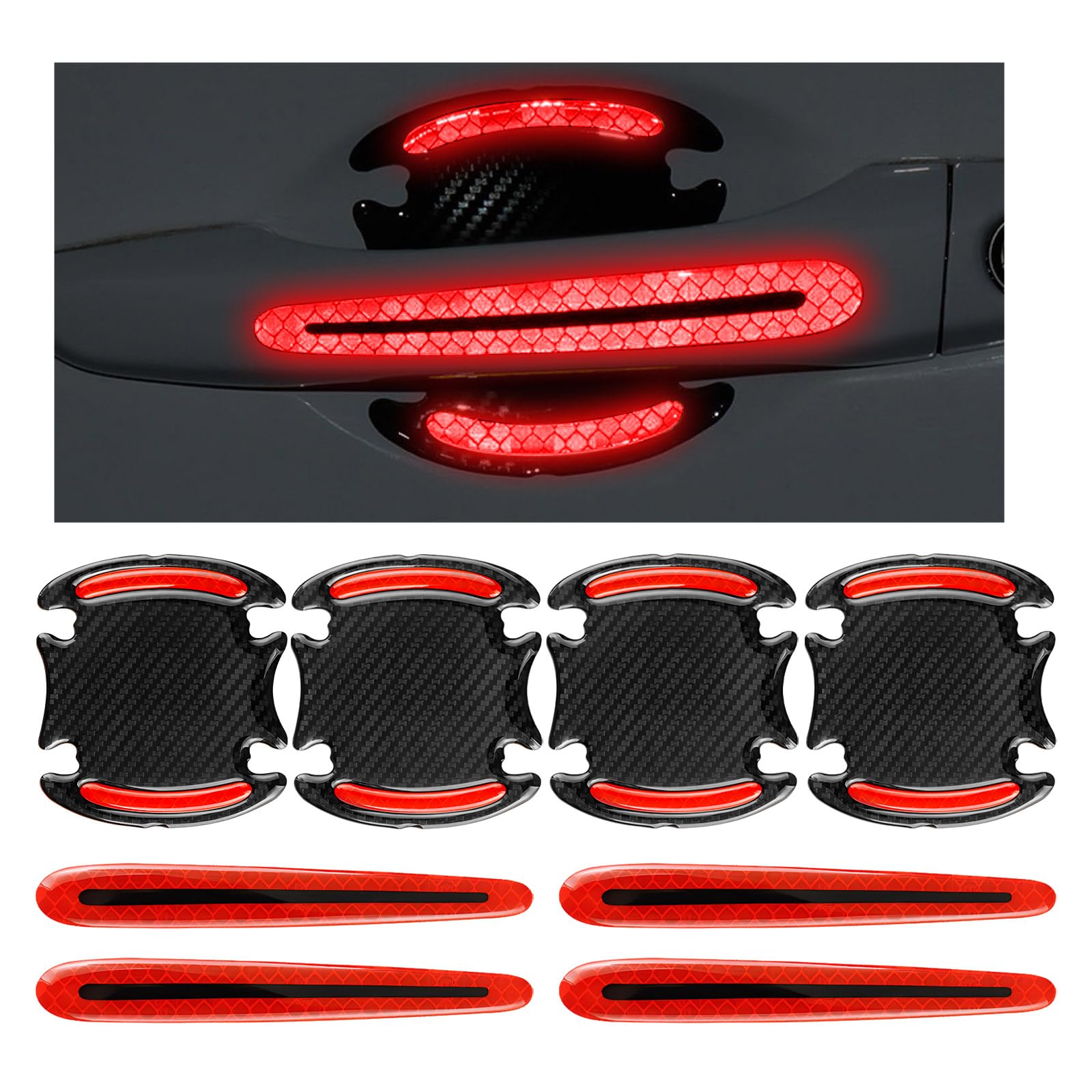 Gasedin 8 PCS Car Door Bowl Stickers, Anti-Scratch Carbon Fiber Reflective Stickers for Car Door Handles, Universal Self-Adhesive Paint Guard Protective Films, Car Accessories (Red)
