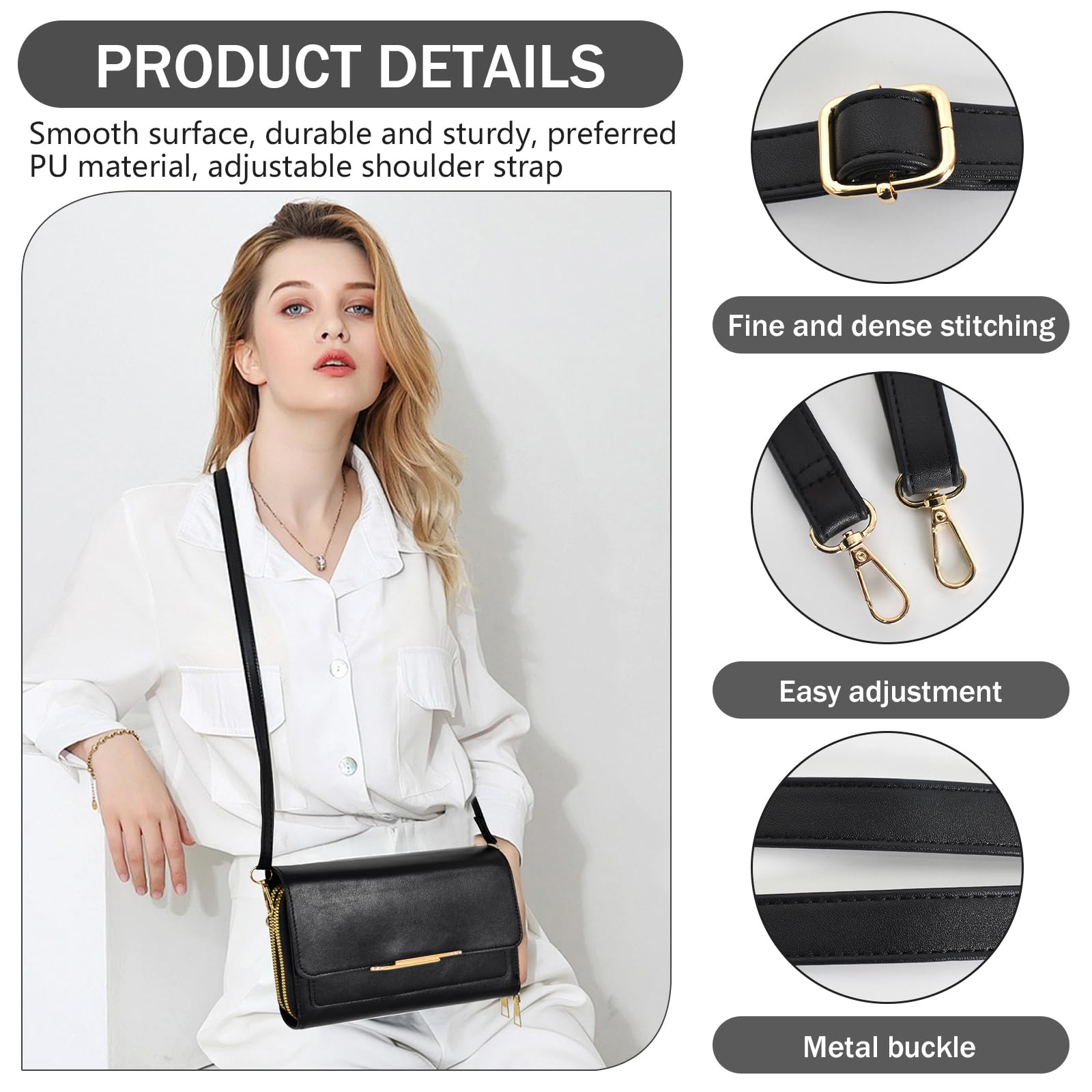 Verstellbarer Schultergurt Für Taschen – Lederoptik, Schwarz, 70-130 Cm Einstellbar