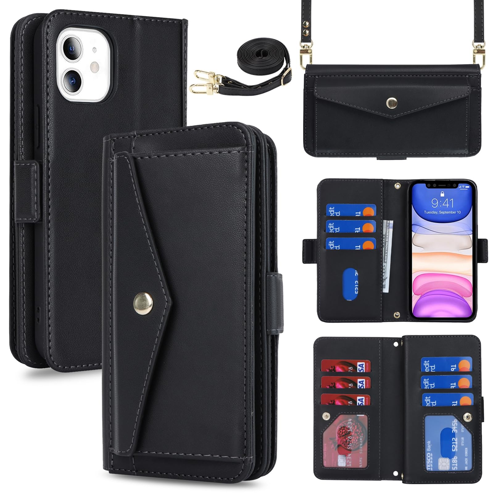 Jaorty Fit for iPhone 11 Flip PU Leather Phone Case Purse Cover for Women Men with 9 Card Holder Slots,iPhone 11 Wallet Case with Crossbody Lanyard Strap,Cash Coin Pocket 6.1 inch,Black