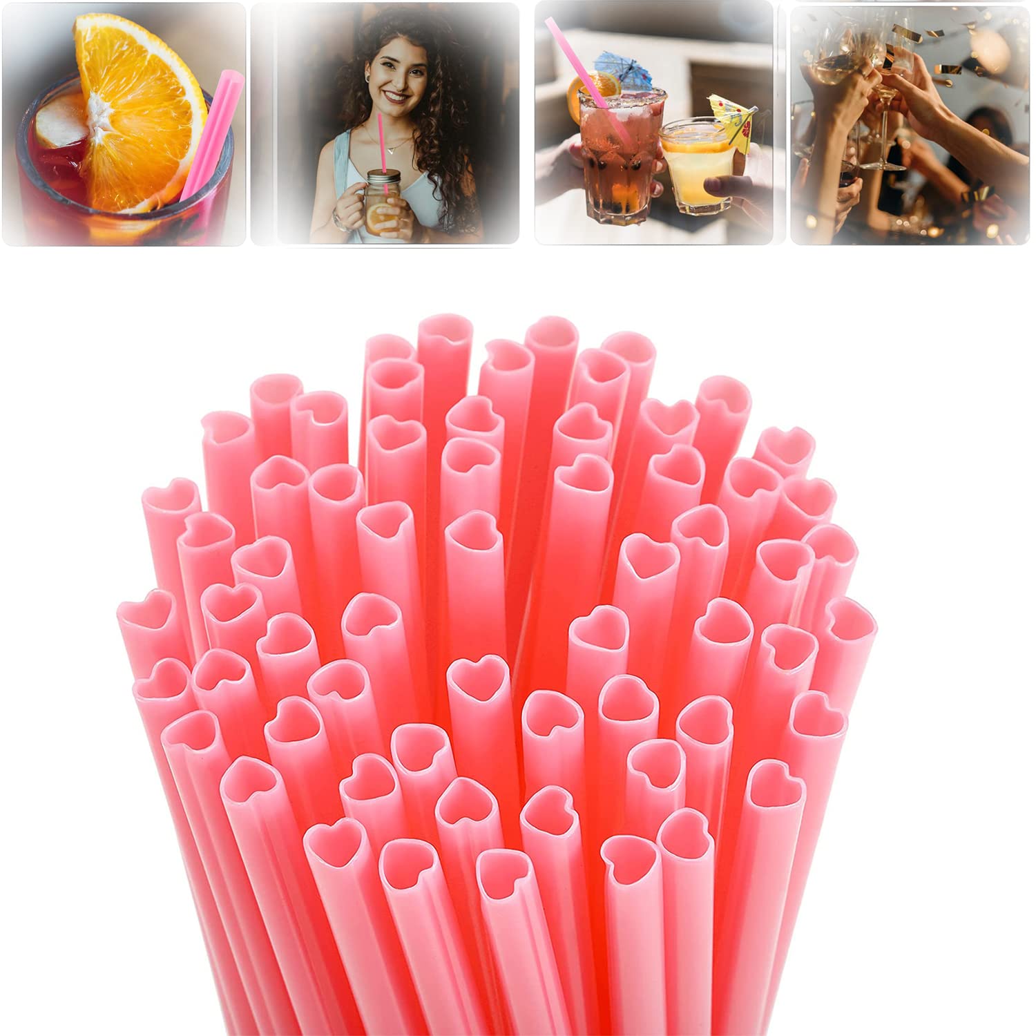 ELECDON Heart-Shaped Pink Straws Disposable Drinking Cute Straw Individually Wrapped Pink Plastic Straw Valentines day Cocktail Birthday Party for kids Bridal Shower Wedding Supplies (100 Pieces)