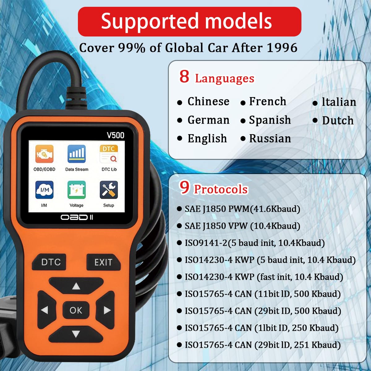 Narzędzie diagnostyczne OBD2 – narzędzie do sprawdzania kodu światła silnika z resetowaniem, DTC, strumieniem danych, gotowością I/M, narzędziem do skanowania wszystkich pojazdów od 1996 roku, escaner