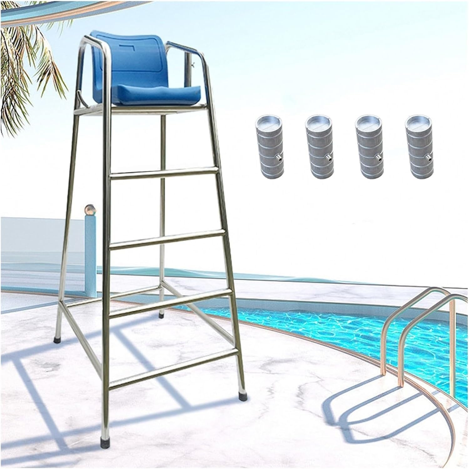 Escalera de Piscina con Silla de socorrista Desmontable, 180 cm de Altura, Acero Inoxidable, Apta para Patio, terraza, Lago o Playa, Capacidad de Carga de 330 kg.