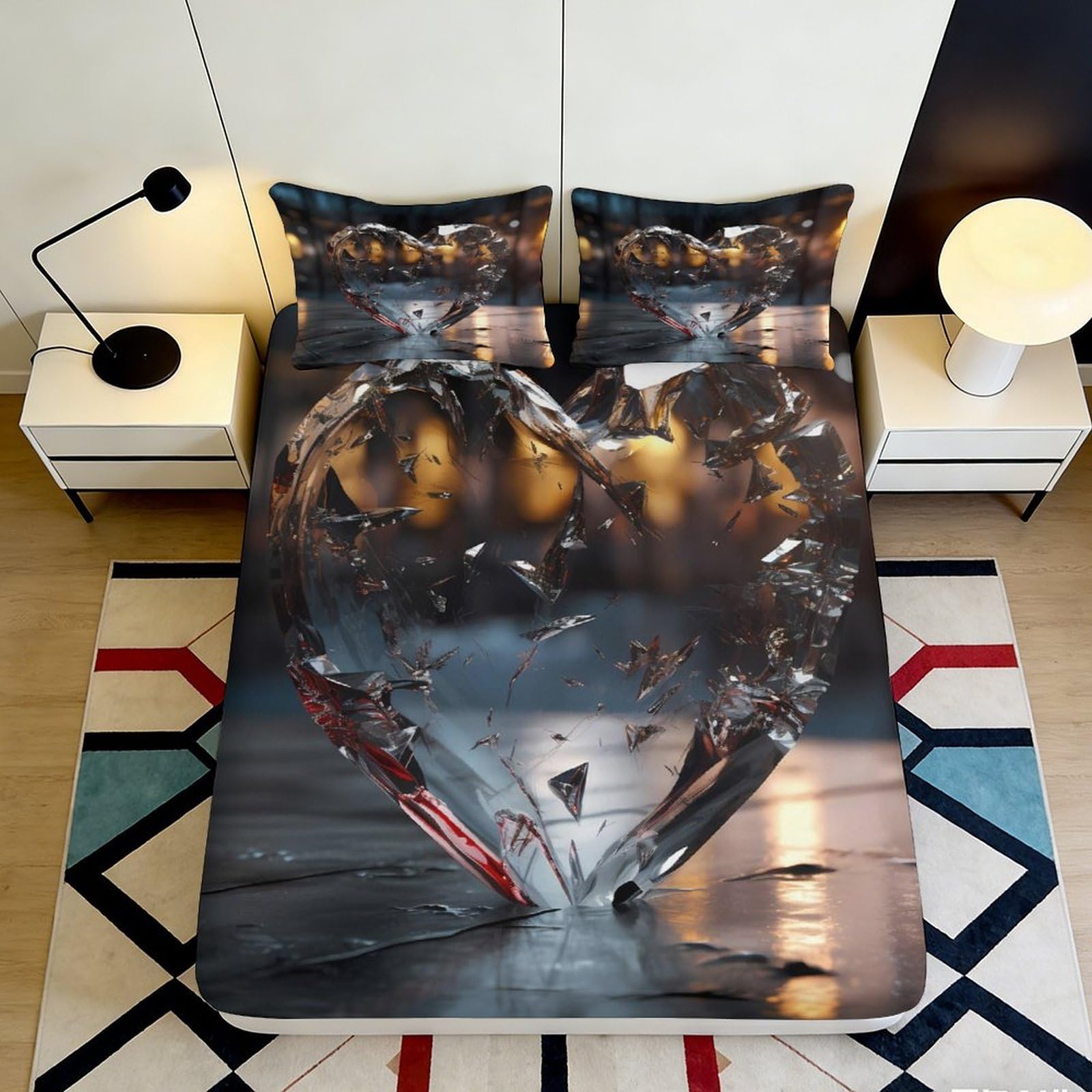 3D Printed Abstract Heart Fitted Sheet Microfiber Soft Brown Artistic Cityscape Mattress Cover for Bedroom Home Decor 90x200x25cm