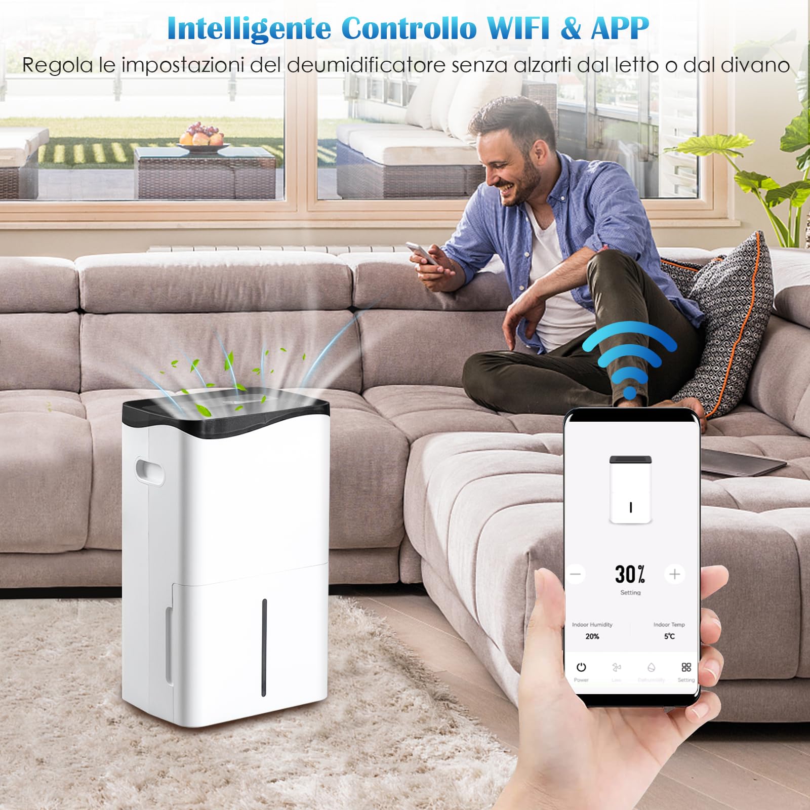 RELAX4LIFE 4 in 1 Deumidificatore Casa 50L/24H per 60㎡, Deumidificatore Portatile con 4 Modalità e 2 Velocità, Pannello Touch e Controllo WiFi, Serbatoio Rimovibile 5 L, 24H Timer, Bianco