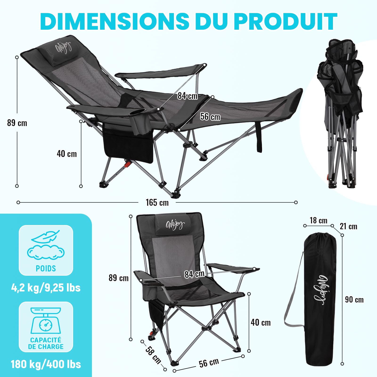 #WEJOY chaise de camping 2 en 1 pliable 180 kg avec repose-pieds, dossier réglable en 4 positions, fauteuil de relaxation, extérieur, gris/noir