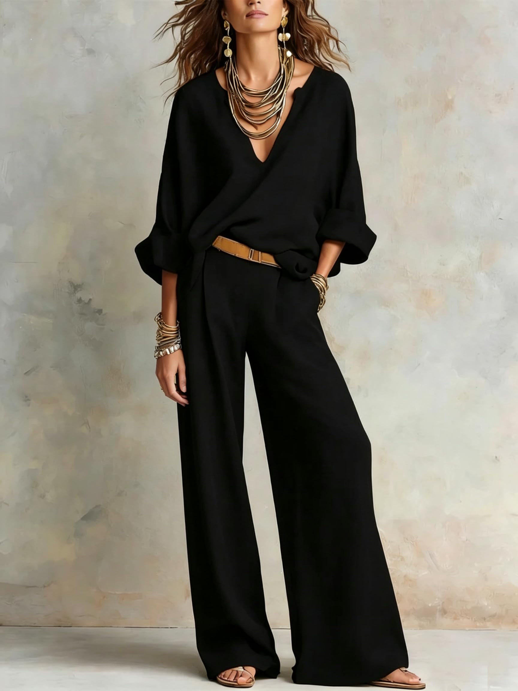 Completo Da Casa Da Donna Composto Da Due Pezzi: Top Con Scollo A V E Pantaloni A Gamba Larga. Outfit Casual, Vestibilità Ampia, Elegante, Leggero, Ideale Per Viaggi, Vacanze E Per Tutti I Giorni,