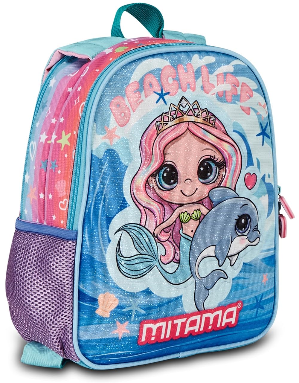 Mitama Rucksack Spinny Kindertasche für Kita und Kindergarten, Krippenrucksack, mit doppelter Grafik, mit Seitentasche für Trinkflasche, mehrfarbig