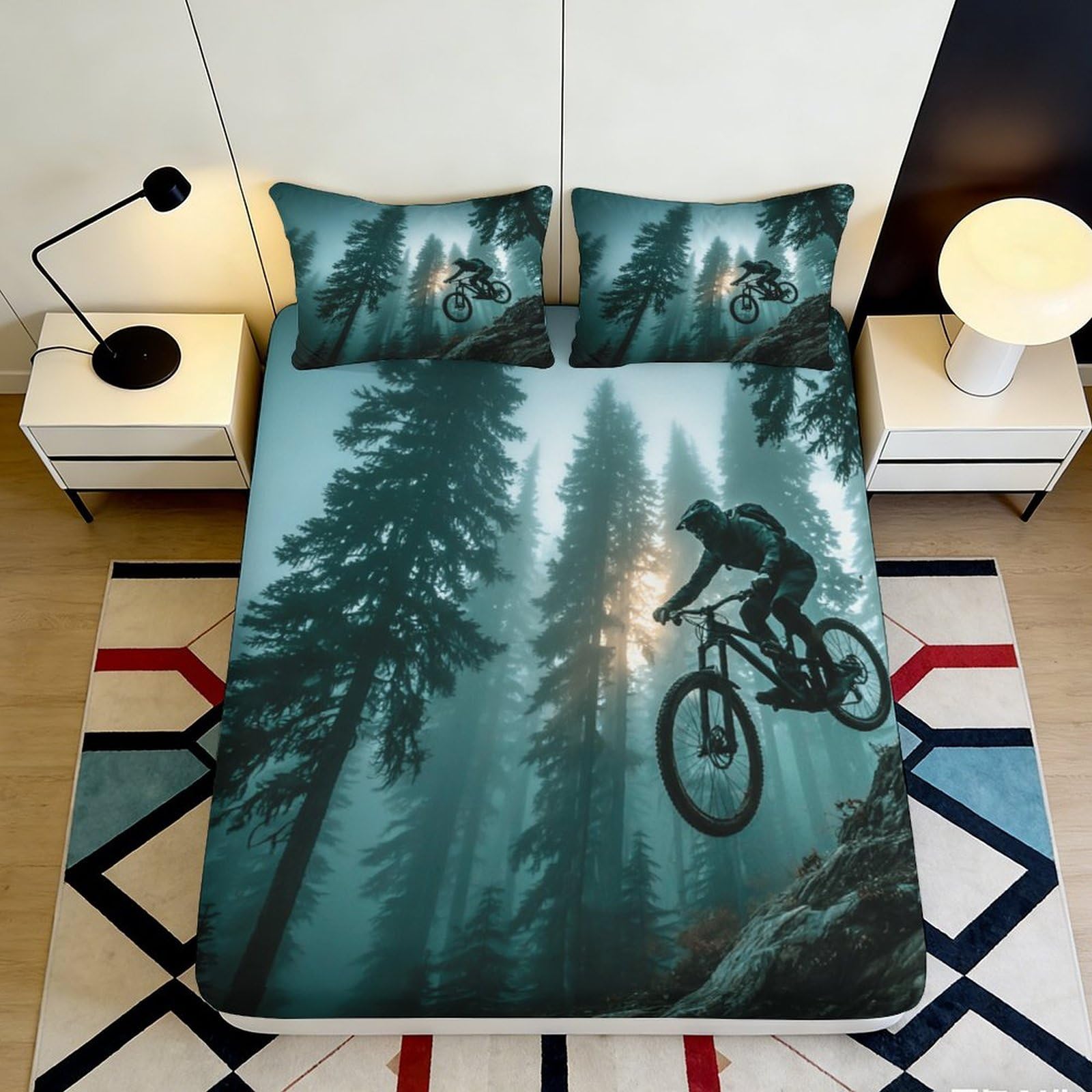 Pnayamiorkfel Style-5 3D Printed Forest Mountain Bike Fitted Sheet Microfiber Breathable Cycling Adventure Mattress Cover Bedroom Decor 90X200x25cm