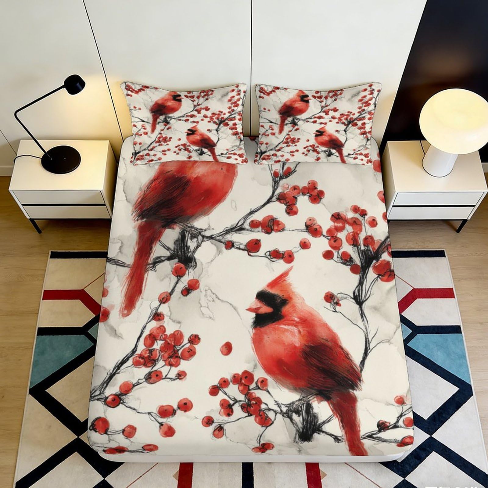 Pnayamiorkfel Style-2 3D Printed Red Cardinal Bird Fitted Sheet Microfiber Artistic Berry Branch Bed Cover For Bedroom Dorm Decor 90X200x25cm