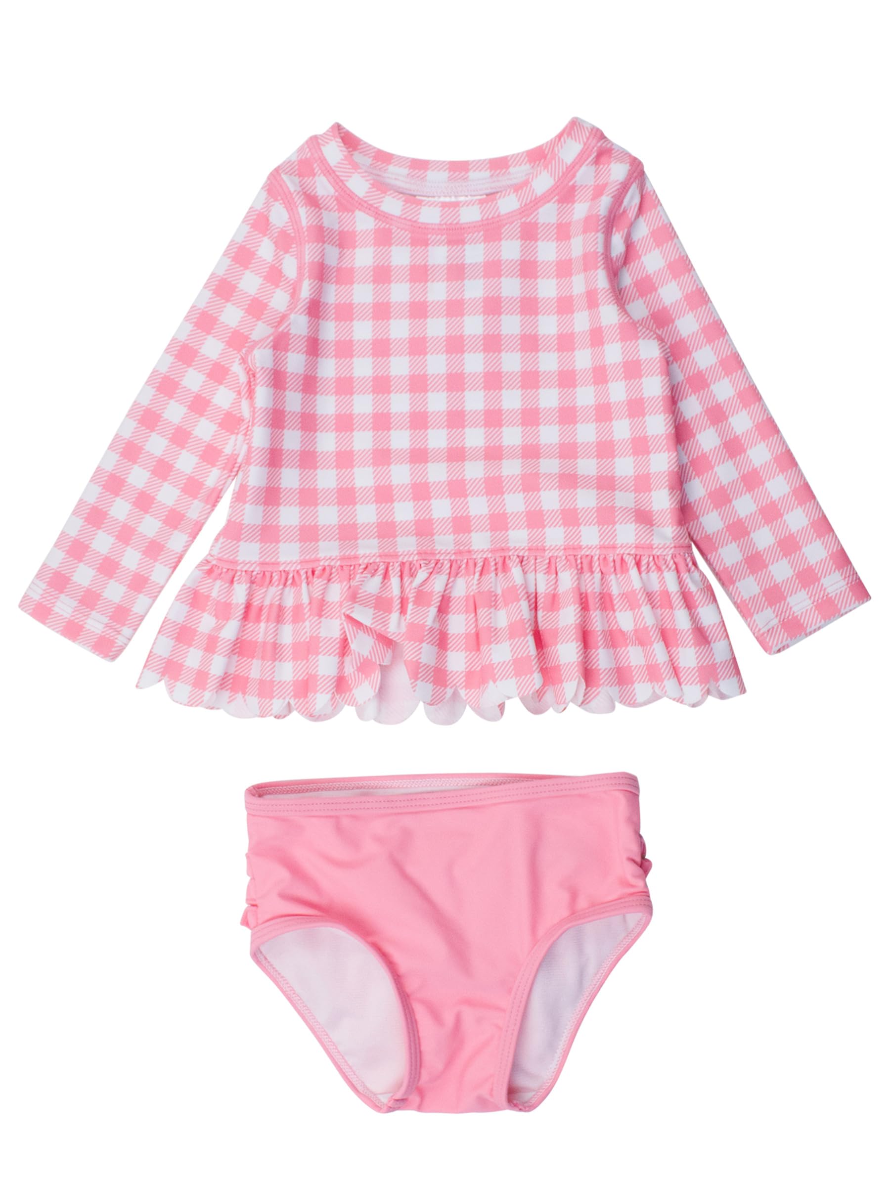RuffleButts Baby/Toddler Girls Scalloped Long Sleeve Rash Guard 2-Piece UPF50+ Sun Protected Swimsuit