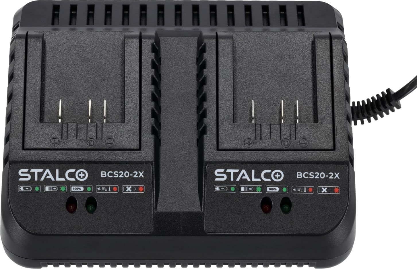 STALCO S-Volt BCS20-2X - Caricatore rapido 18-20V Li-Ion, 2 porte di ricarica contemporaneamente, 4A corrente di uscita, per batterie STALCO