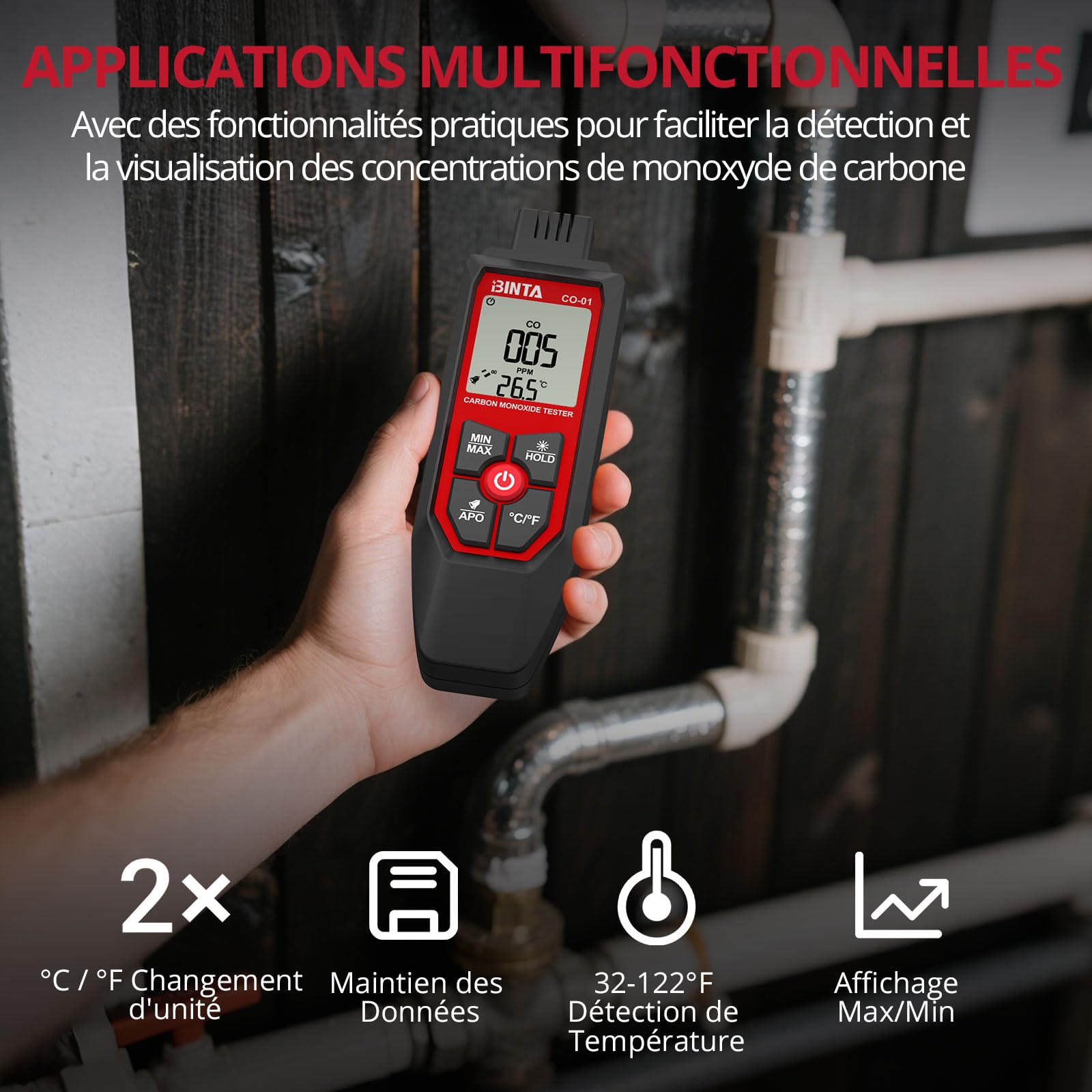 BINTA Détecteur CO Portable (0-1000 PPM), Testeur De Monoxyde De Carbone avec Alarme Sonore Et Visuelle, Écran LCD Rétroéclairé, Capteur De Température, pour Maison, Garage, Voiture, Camping