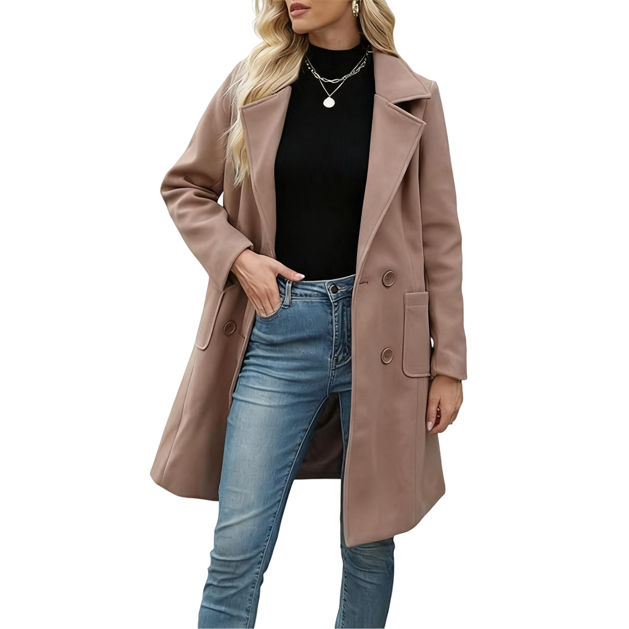 Generico Cappotto Doppiopetto In Lana per Donna Abbigliamento Invernale Classico Cappotto con Revers Trench In Lana Di Media Lunghezza Spesso Caldo Antivento Capispalla Di Transizione