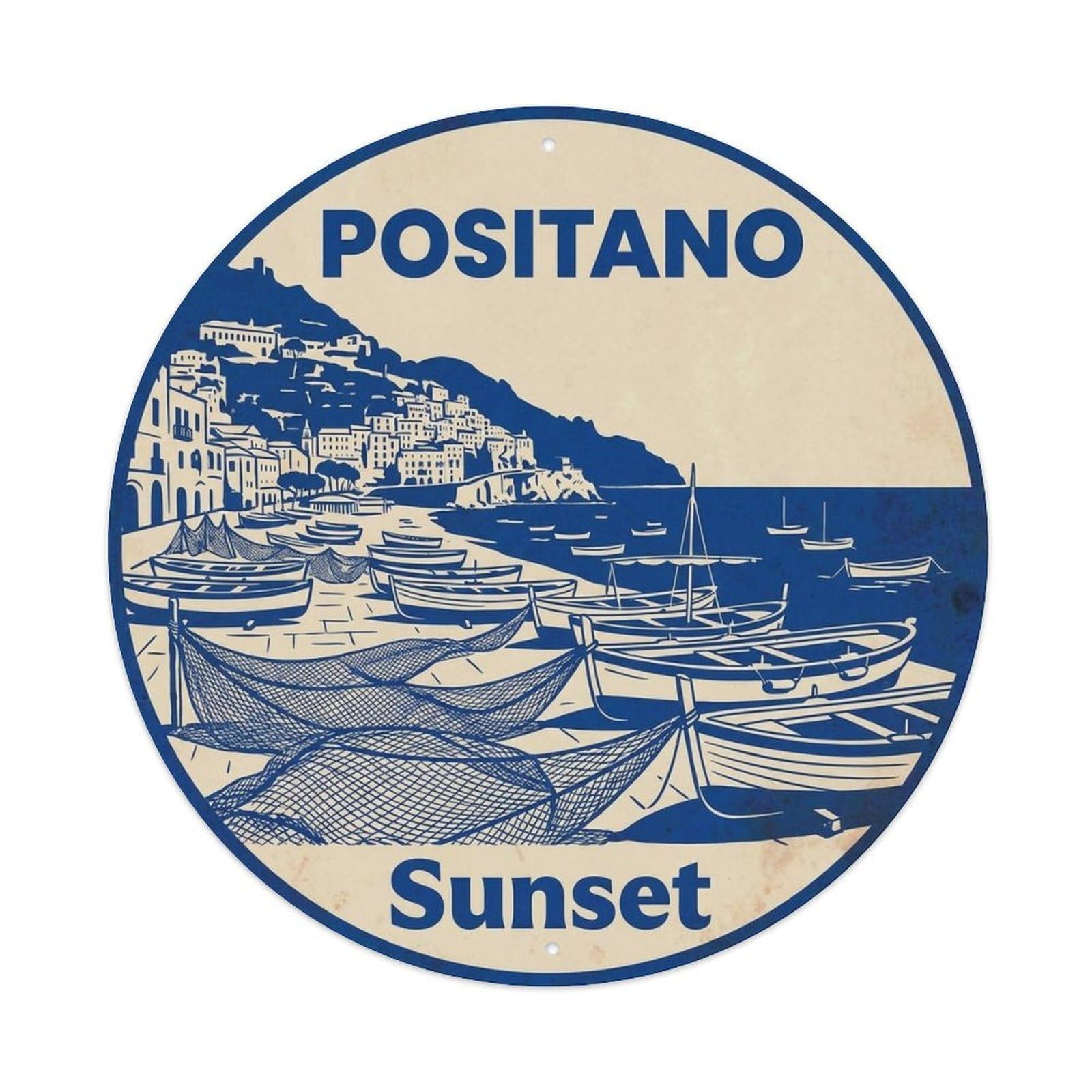 Positano Coastal Emblem Rustic Amalfi Riviera Campania Metal Tin Sign Plaque Wall Decor for Cafe, Man Cave, Club Bar, Office, Home Garden Round Metal Poster 8x8Inch