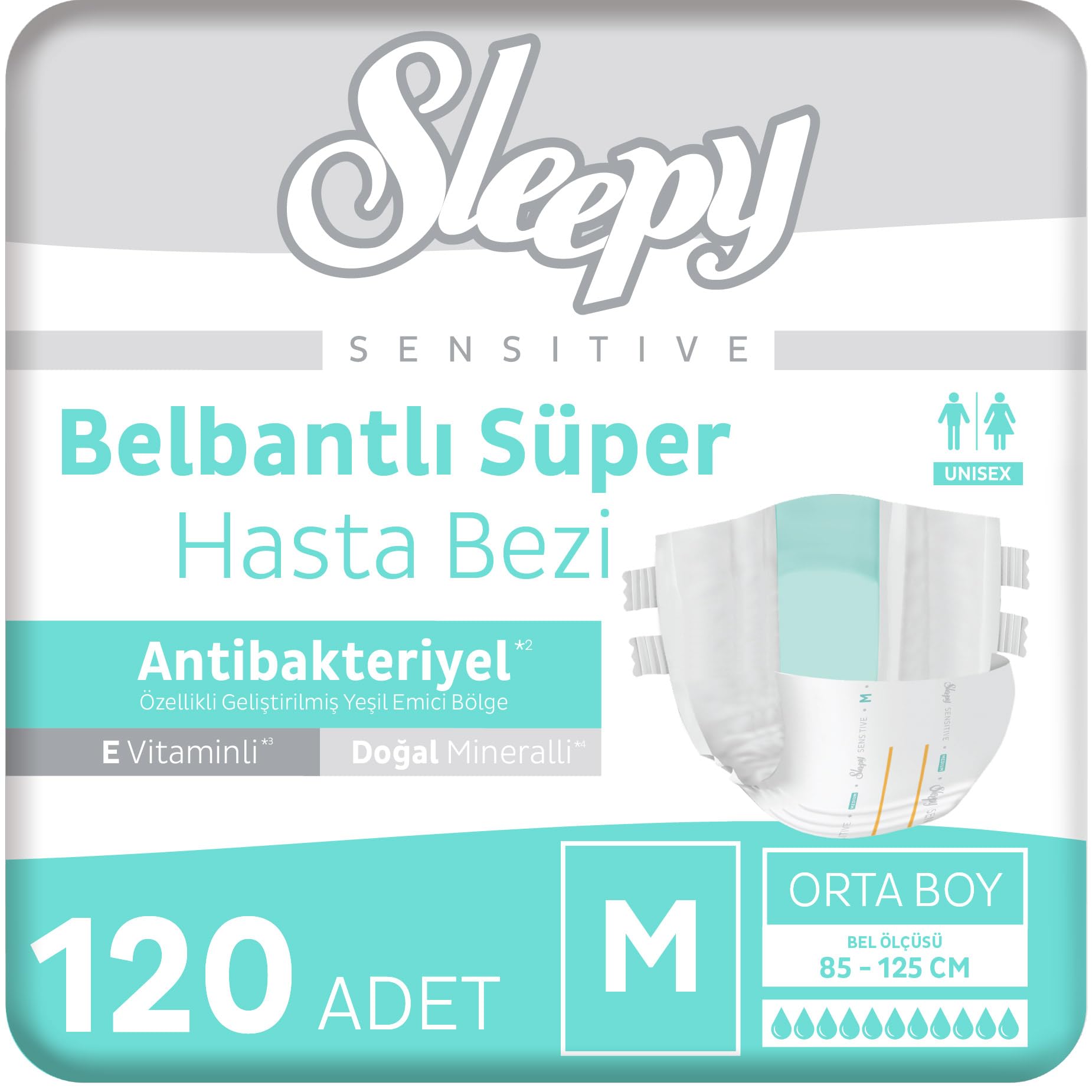 Sleepy Sensitive Antibakteriyel Süper Yetişkin Hasta Bezi Medium 30x4 120 Adet