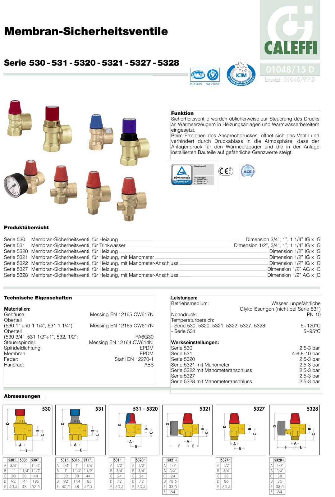Caleffi 531480 Membranowy zawór bezpieczeństwa 1/2" x 3/4", wielokolorowy