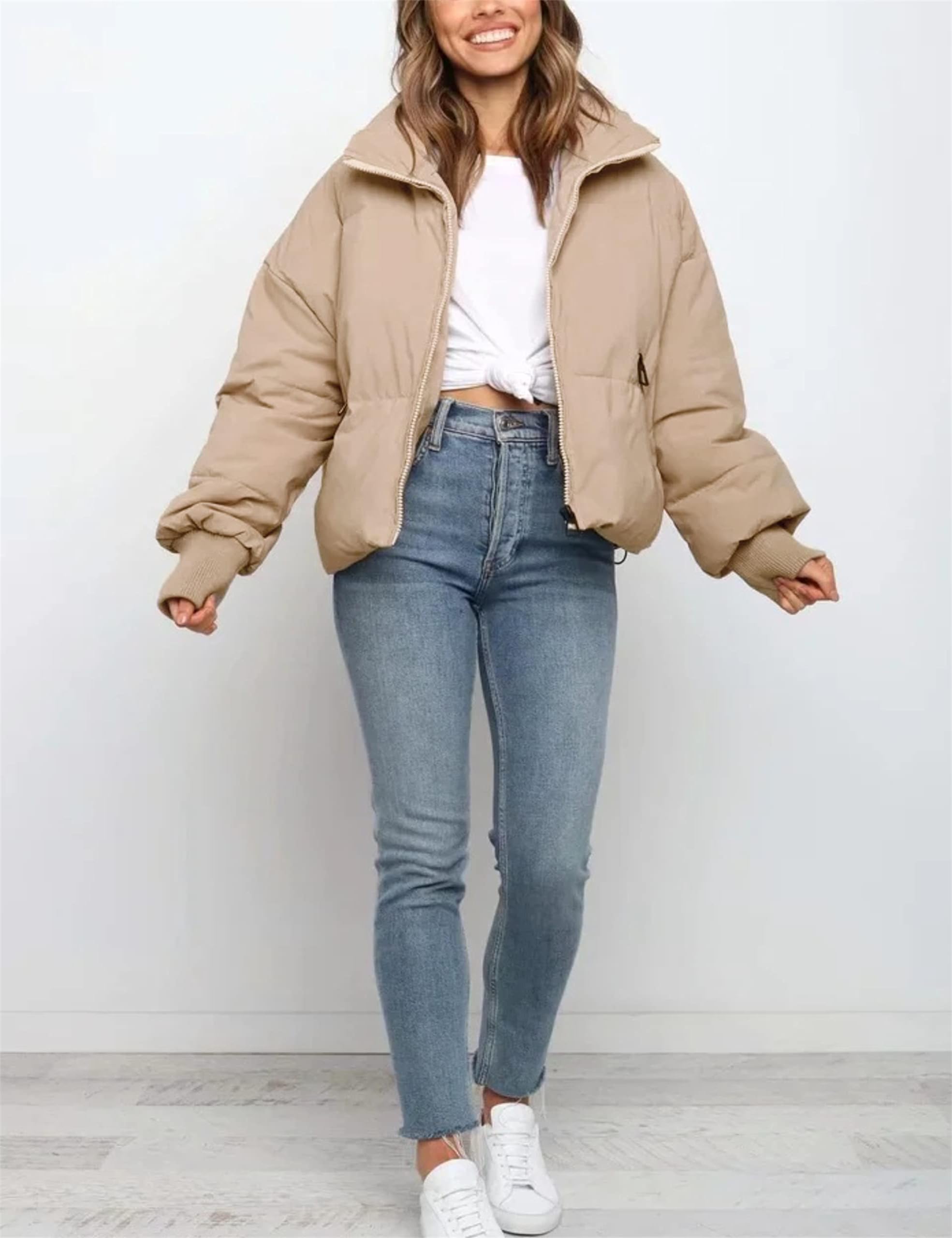 Lianlive Womens Cropped Puffer Jacket Oversized Black Short Puffy Winter Coat