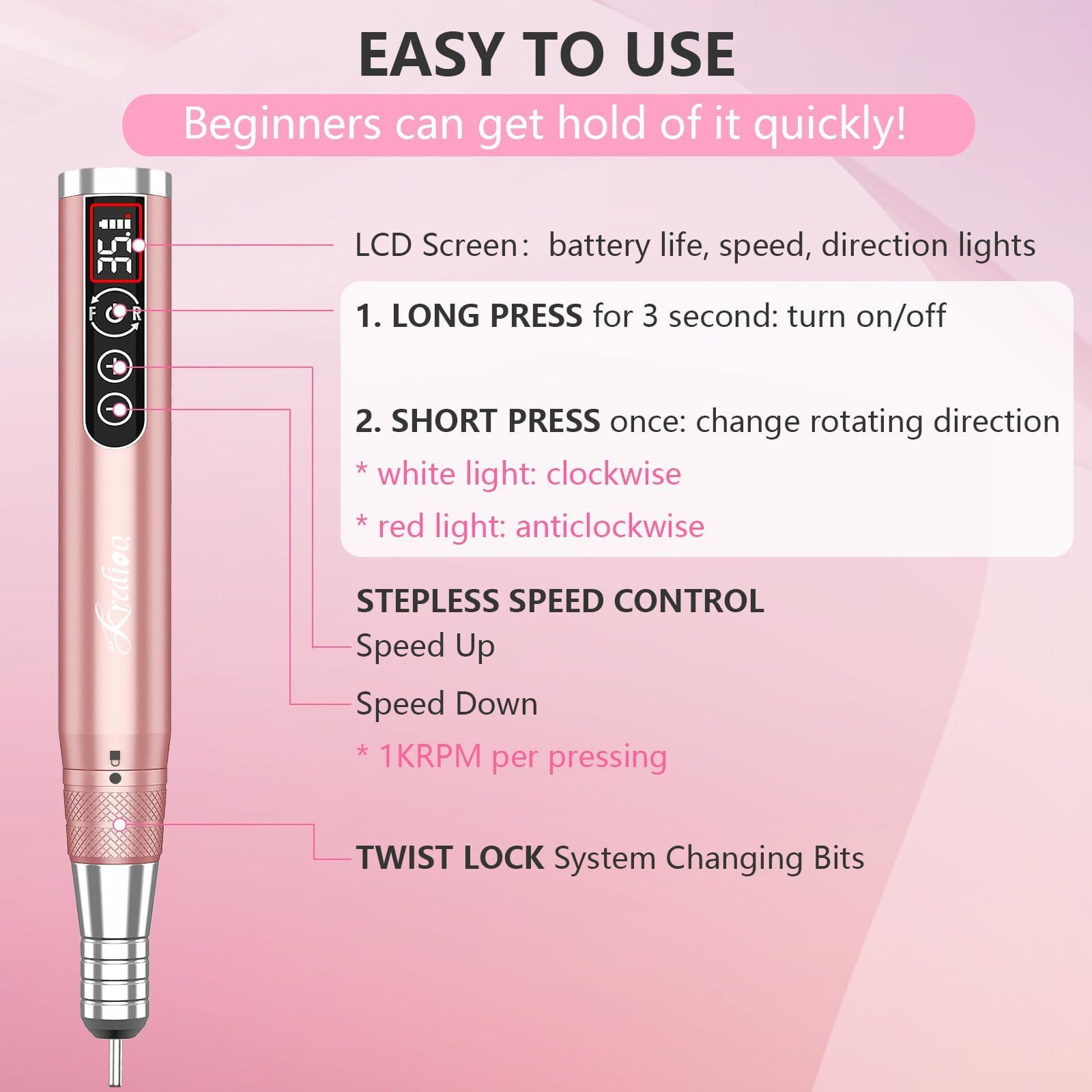 Kredioo Torno para Uñas Profesional, Inalámbrico Recargable 35000 RPM | Velocidad Ajustable, Recargable Lima Electrica Uñas, Lápiz Manicura y Pedicura, Pulidor Portatil, Kit con 6 Brocas