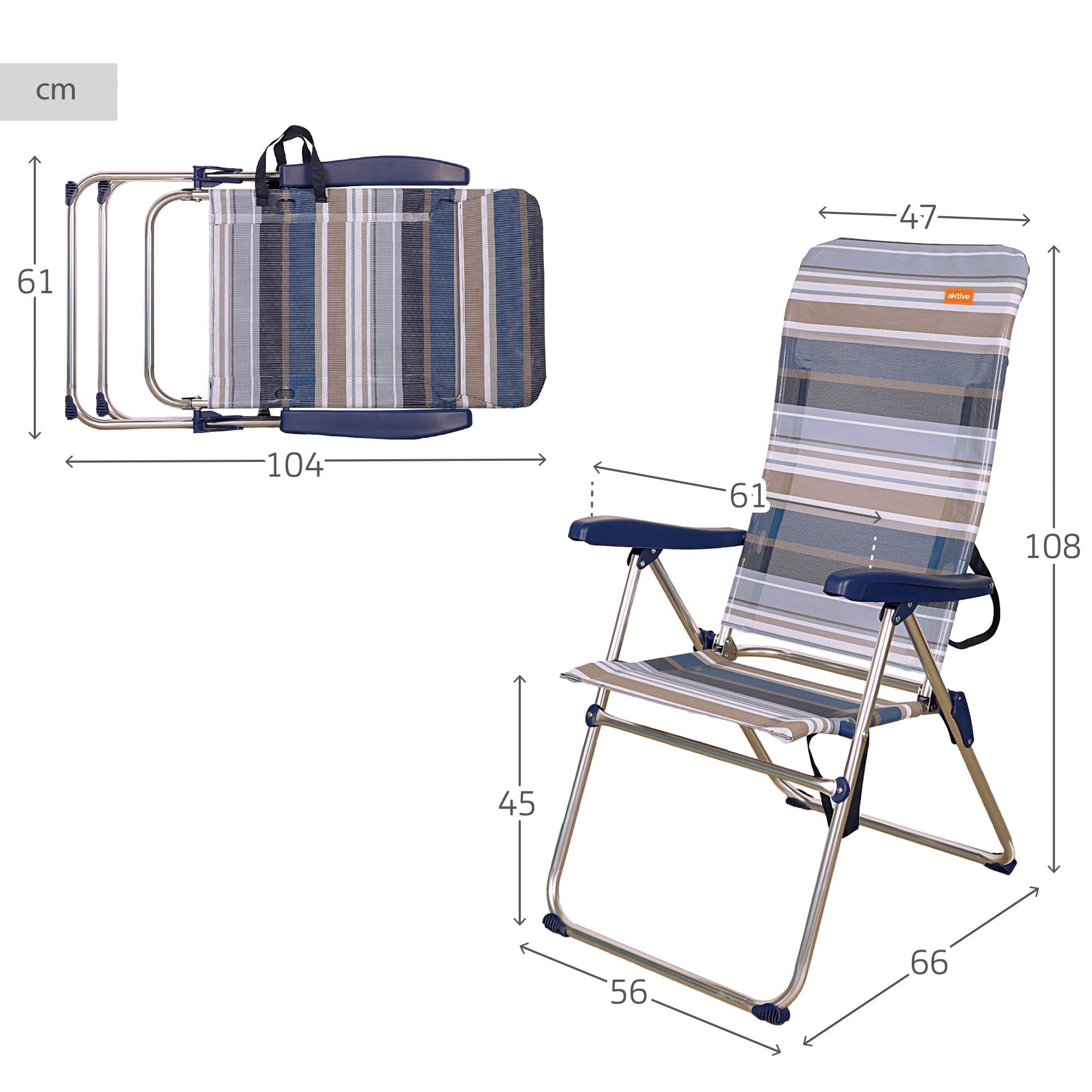 AKTIVE Silla alta de playa, Silla exterior, Silla con respaldo reclinable, 47x66x108 cm, altura del asiento 42 cm, asa para transportar, tacos antideslizantes, (62602)