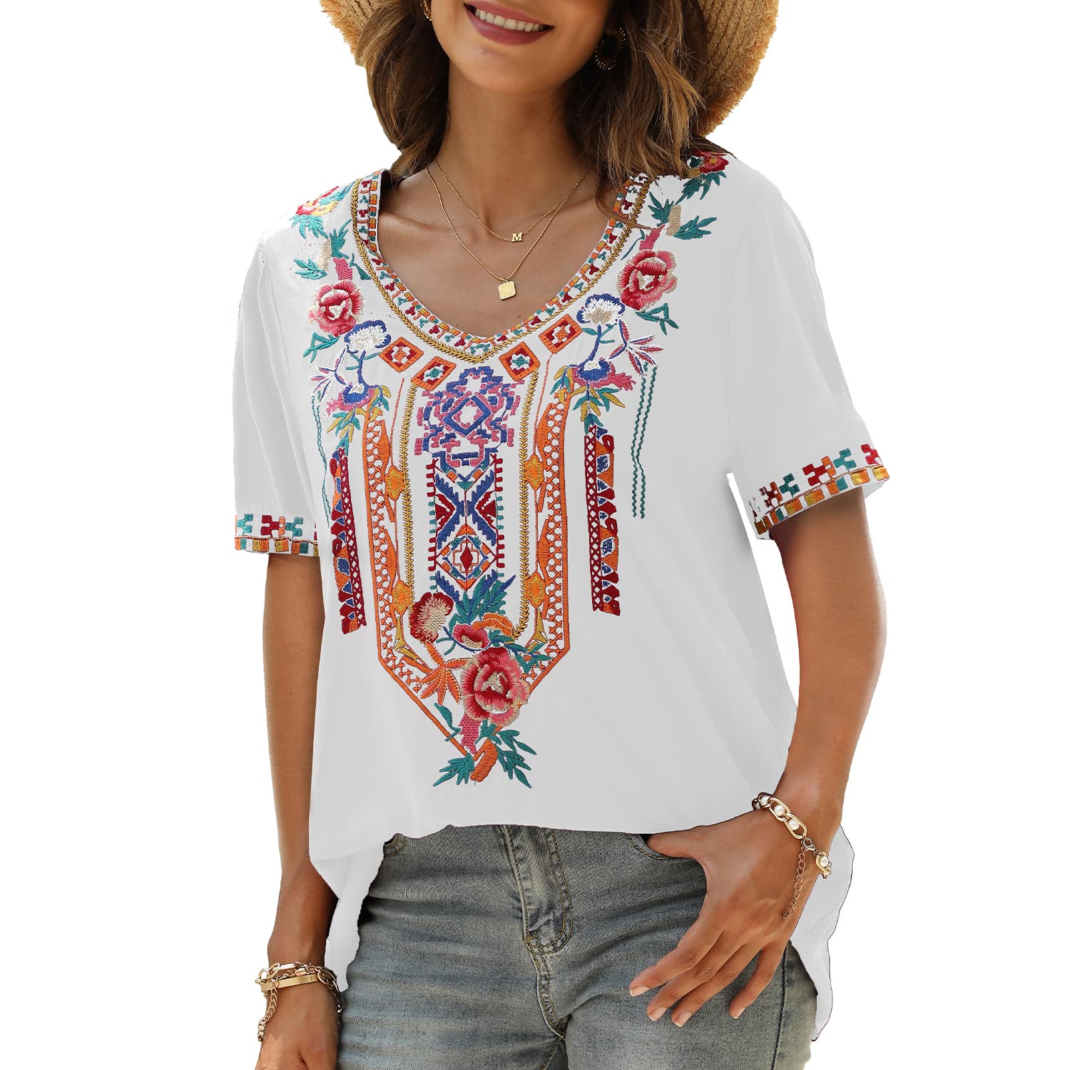 Seasonal Maglietta da Donna con Ricamo della Boemia, con Scollo a V, a Maniche Corte