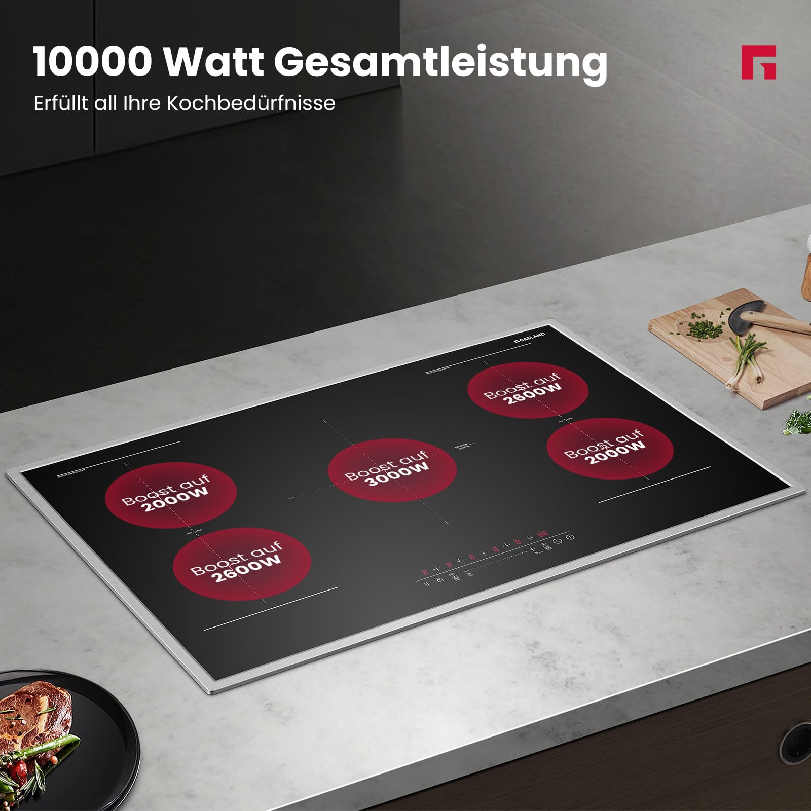 GASLAND IH905BFB Plaque de Cuisson Induction encastrable 90 cm, 5 foyers avec cadre en inox, zone spéciale BBQ, PowerBoost, 10000W (Poêle non incluse)