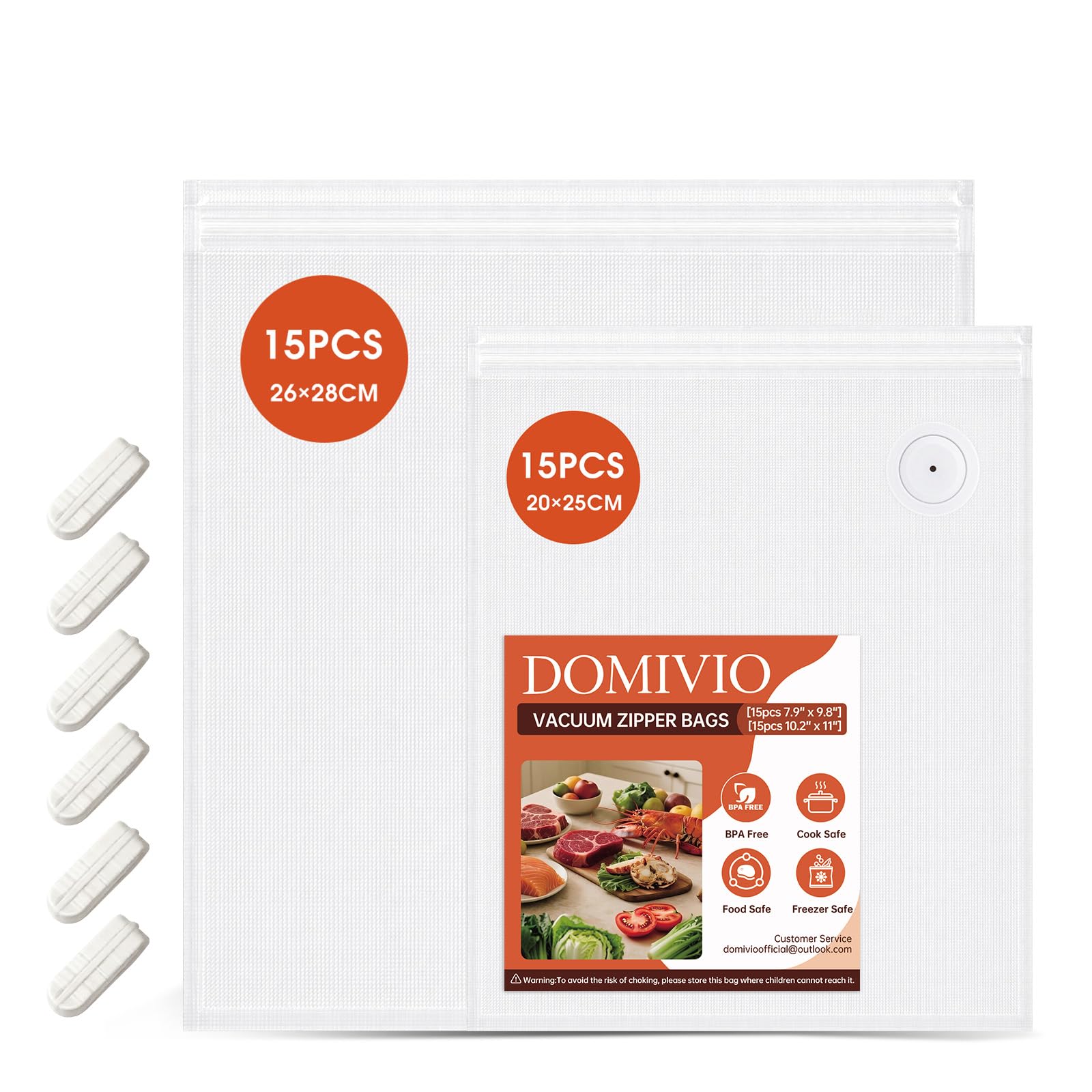 DOMIVIO Double Zipper Vacuum Sealer Bags, BPA Free Reusable Sous Vide Bags, Food Storage Bags for Meal Prep, Microwave Heating (15pcs 7.9''×9.8'' + 15pcs 10.2"x11")
