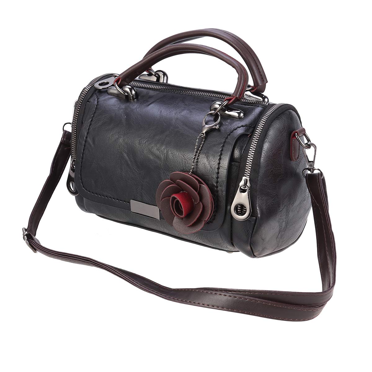 TENDYCOCOCrossbody Bag Boston Barrel Handbag with Flower Pendant for Women