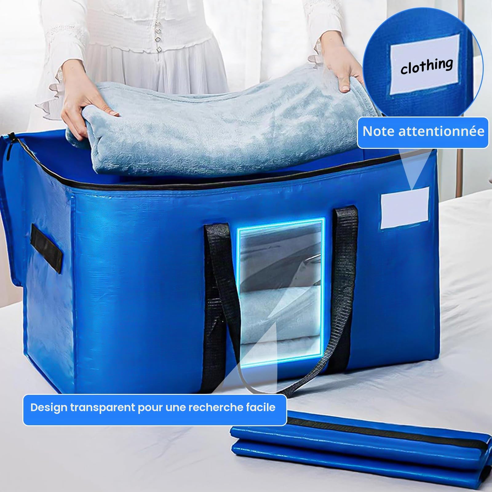 LAMAPA 4Pcs Sacs de Rangement XXL 100L Sac de Déménagement Sac Rangement Vetements avec Couvercles et Poignées Renforcées Housse de Rangement Sac Grand Format pour Déménagement et Voyage, Bleu&Noir