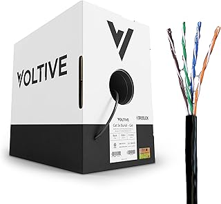 Voltive Cat5e Direct Burial, Gel Filled, 1000ft, Black - UV Resistant - Solid Bare Copper Bulk Ethernet Cable - UTP - 350MHz - UL Certified & ETL Verified