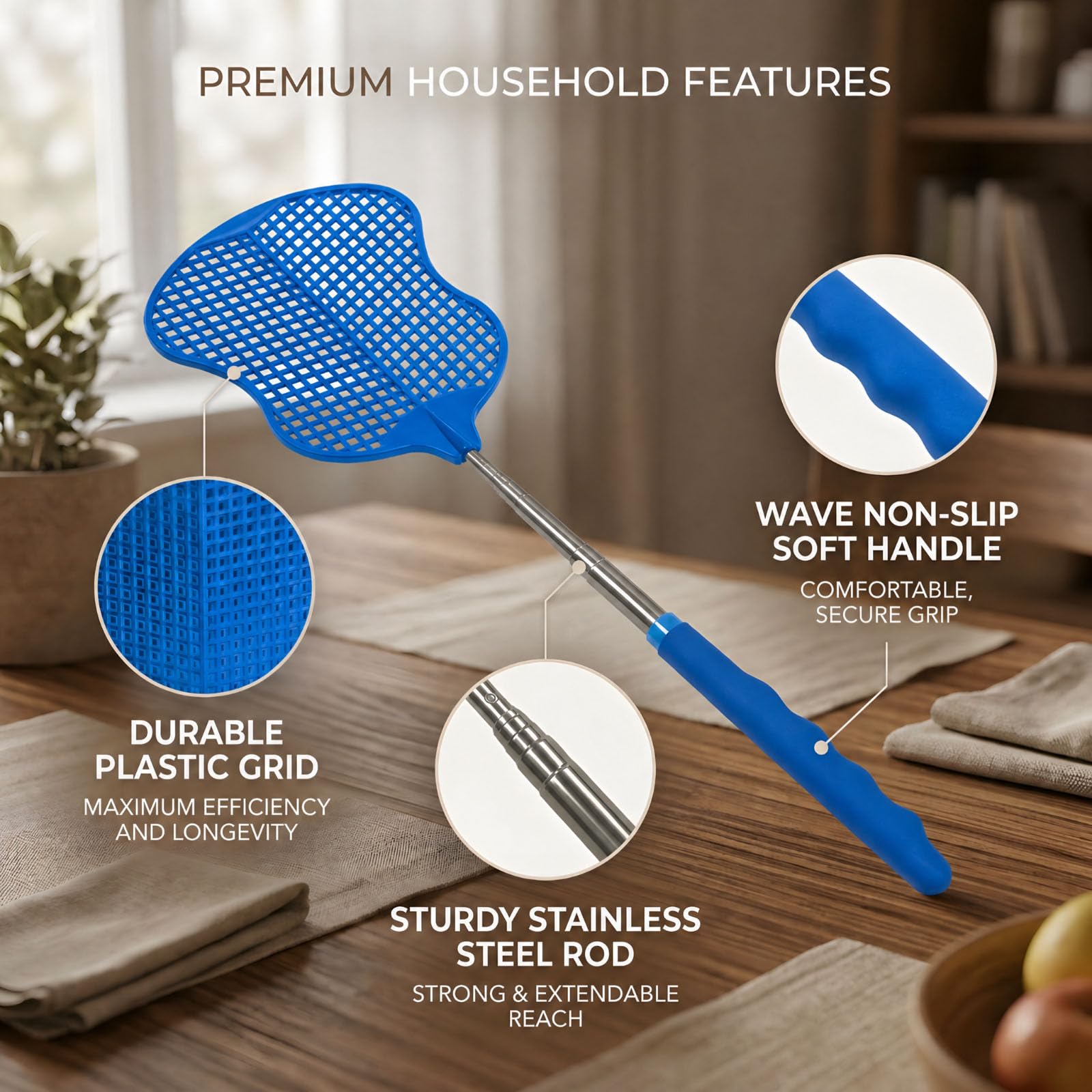 MYSTICHOME Fly Swatter 1 PCS, Durable Heavy Duty Plastic Fly Swatters, Stainless Steel Telescopic FlySwatter for Indoors/Outdoor/Kitchen/Garden (Blue) 2
