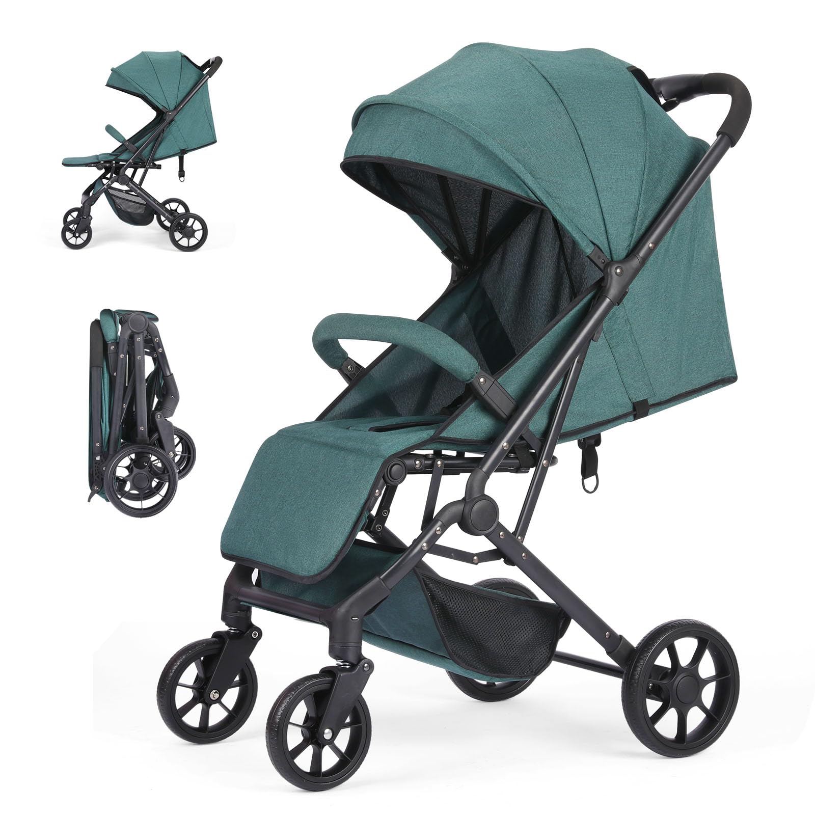 Cochecito de paseo plegable para niños, cinturón de seguridad regulable de 5 puntos, plegable con una mano, capota grande, robusto amortiguado todas las 4 ruedas, asiento espacioso, cesta de la compra