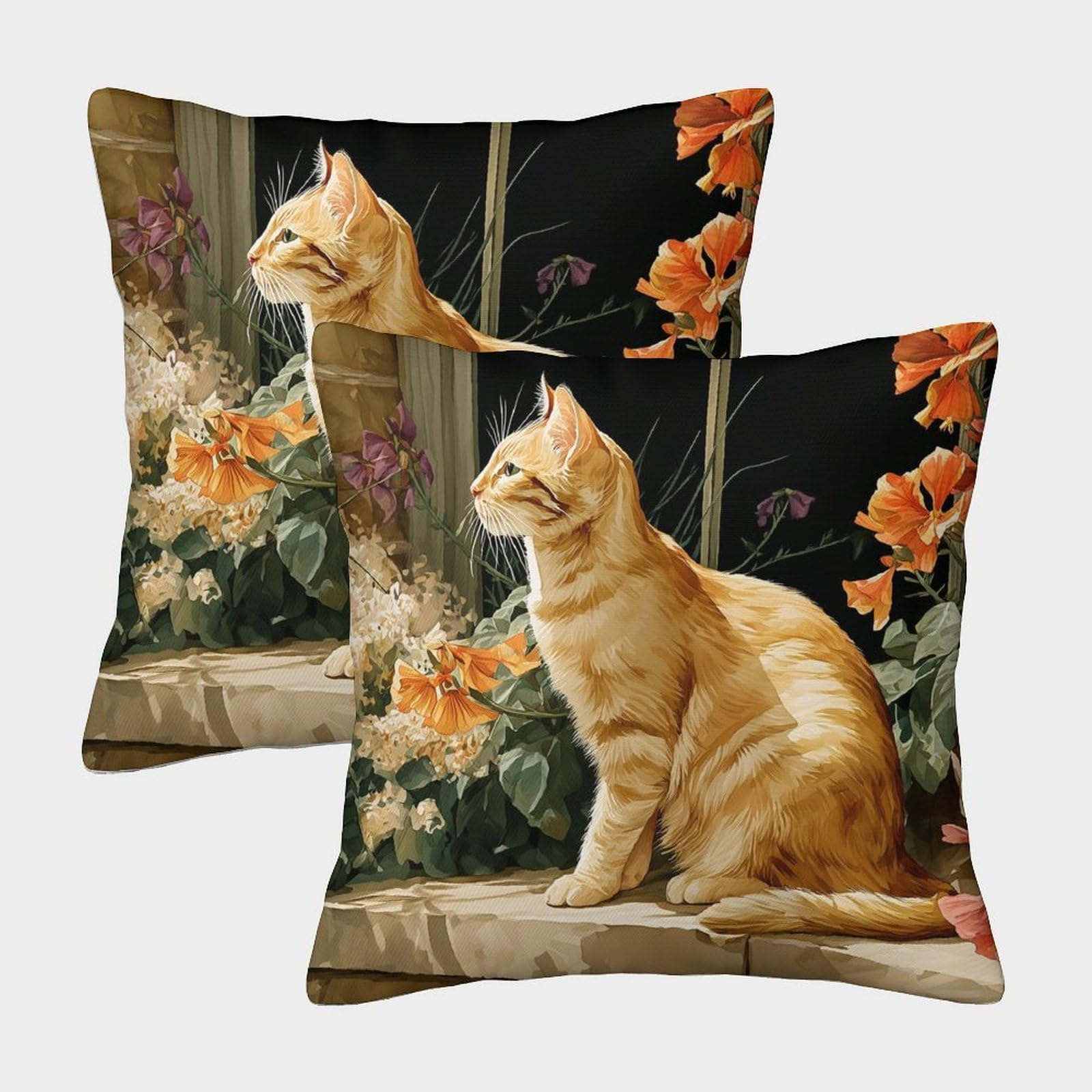 kaiyun 2 Pack Throw Pillowcase 40x40cmOrange Tabby Cat, Watercolor Illustration Pattern Cushion Cover Home Decoration