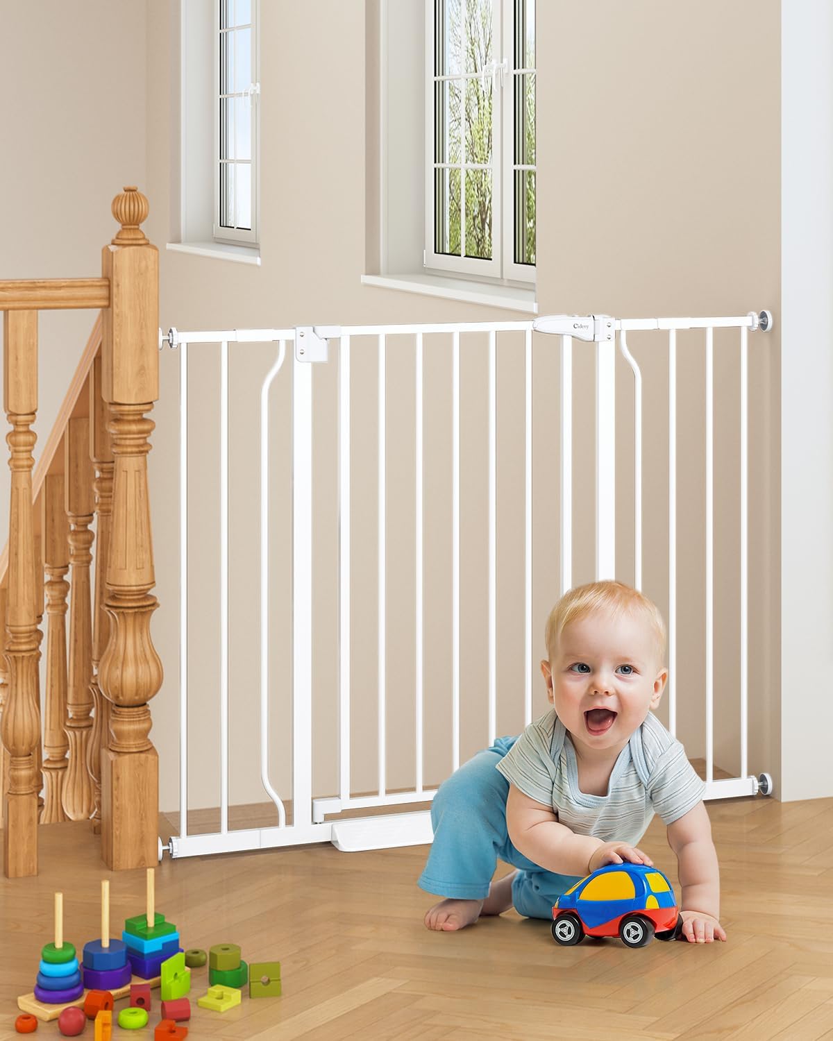 29"-45" Baby Gate for Stairs, Auto Close Stroller Friendly Dog Gate Indoor for Doorways, Pressure Mounted Baby Gate, Easy Walk Through Gate for Children & Pets, White White 29-45"Wide, 28"Tall