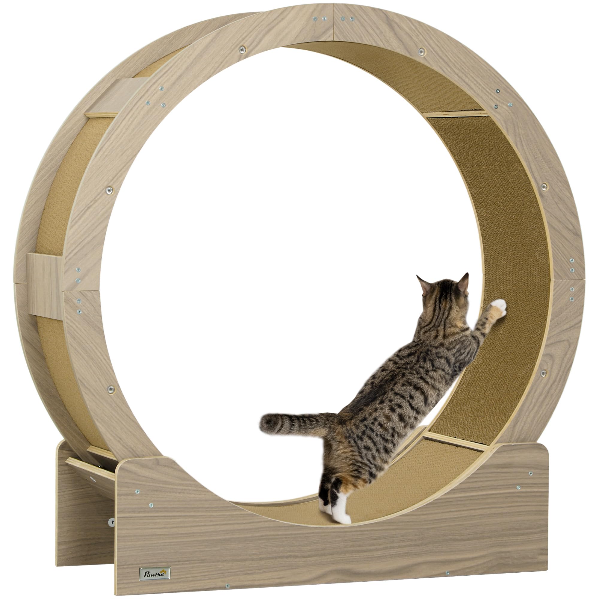 PawHut Rueda para gatos de 91 cm de diámetro, rueda de gato con freno, tabla de rascar, cinta de correr para pérdida de peso y salud, nogal