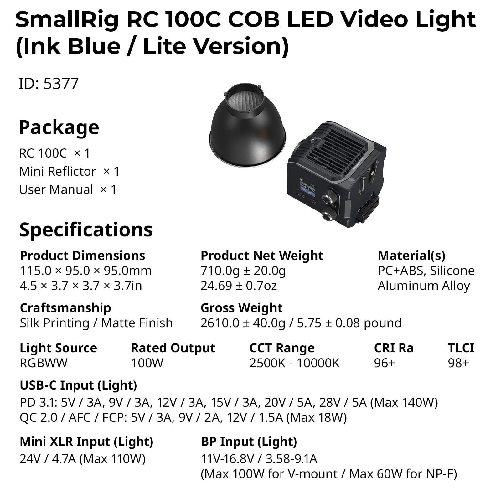 SmallRig RC 100C RGBWW LED Luce Video, con Controllo App, Illuminazione Continua Mini COB da 100W, Faretto Portatile 2700-10000K/CRI 96+/TLCI 98+/12 Effetti, 11000Lux/1m, Versione Lite Blu Inchiostro