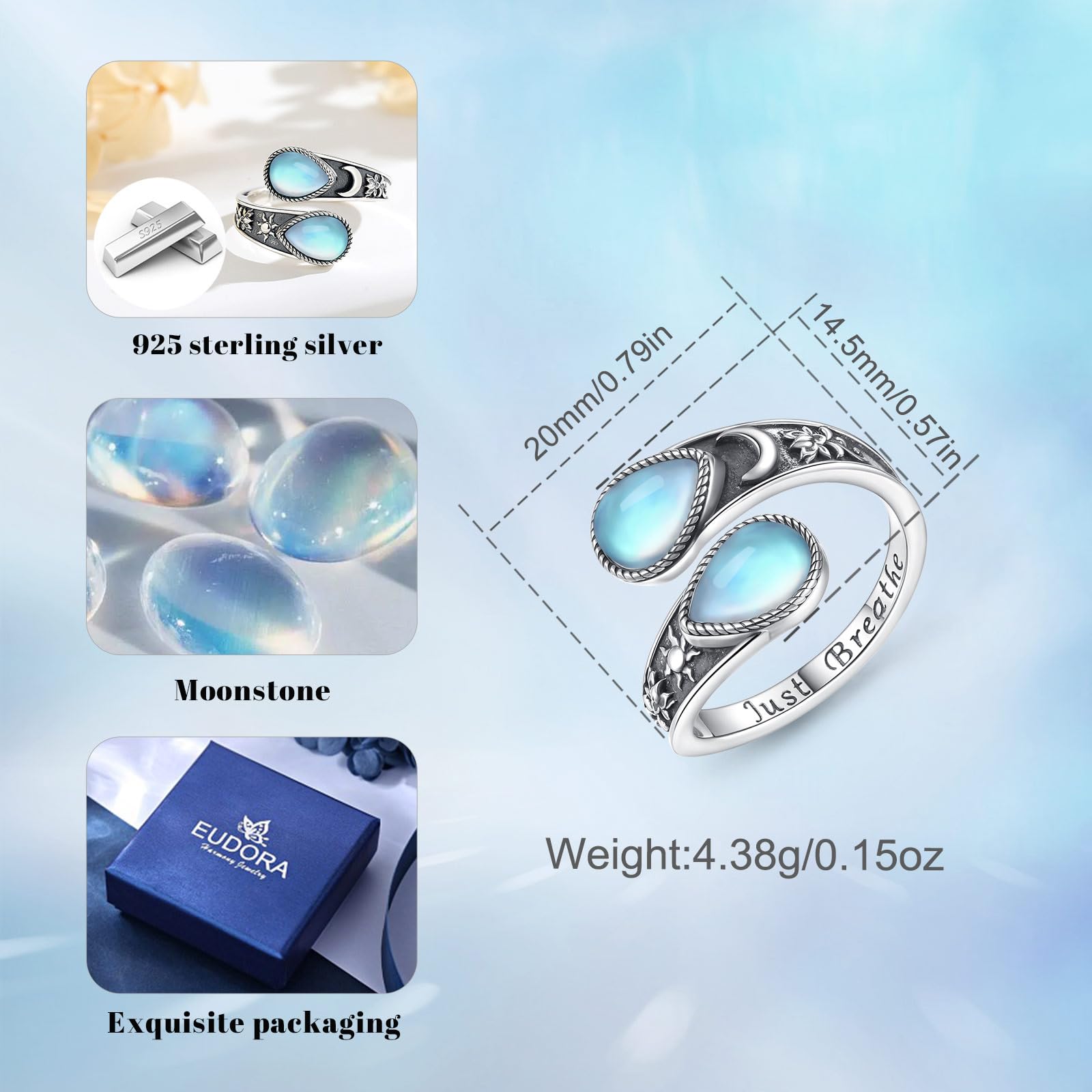 Umarmung Ring für Damen Herren S925 Sterling Silber, Verstellbarer Versprechen/Sonnenblume/Lotus/Lebensbaum Ring mit Mondstein Türkis Offener Ringe Geschenks für Frauen Herren