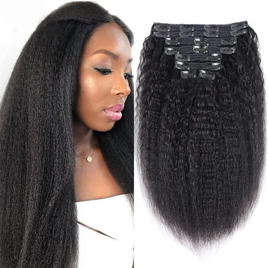 Kinky Straight Clip In Hair Extensions for Black Women 18 Inch Real Human Hair Kinky Straight Clip Ins Brazilian Yaki Straight Virgin Hair Extensions 8/Pcs with 20Clips,120Gram Natural Color