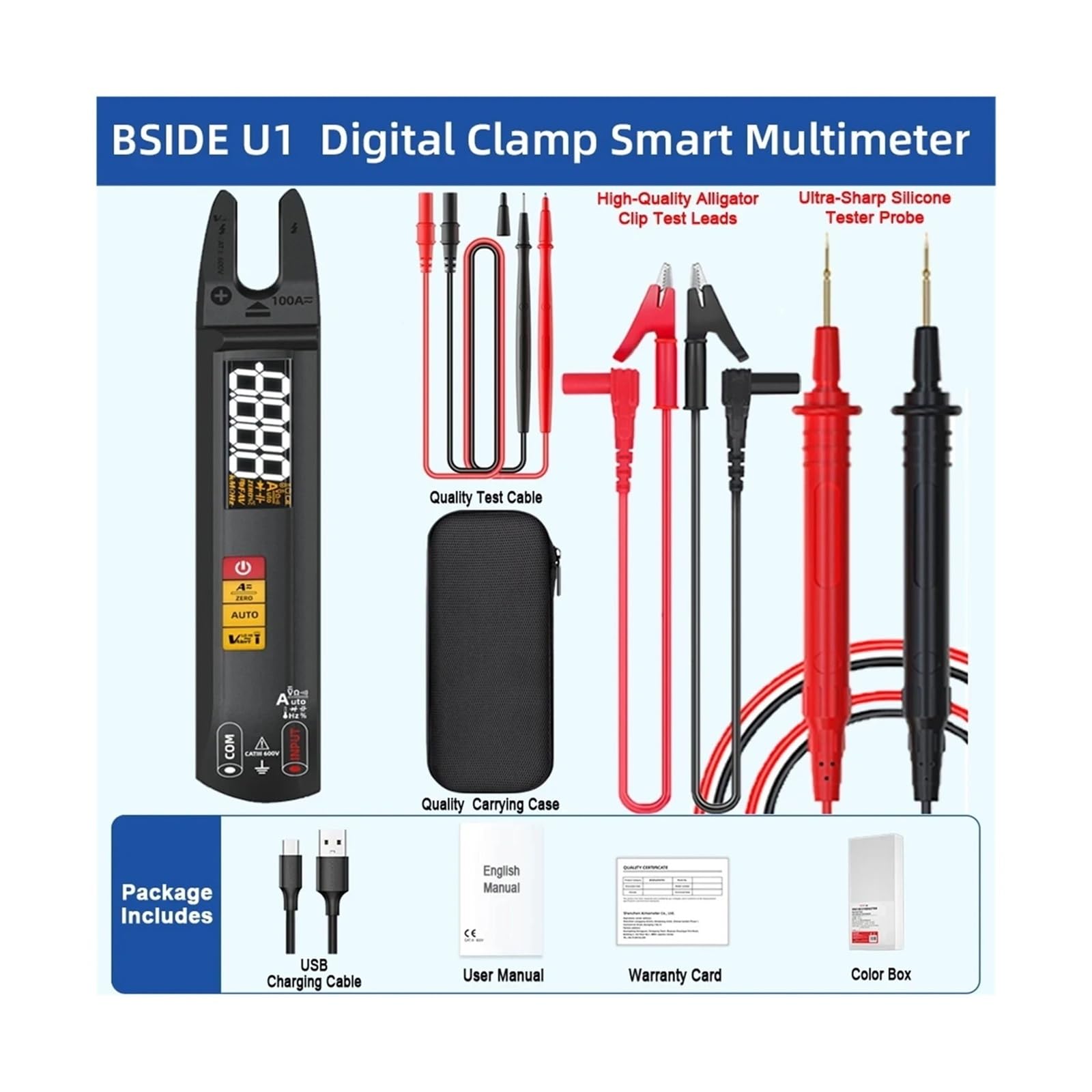 U1 100A Pinza amperometrica digitale True RMS AC DC rilevamento NCV