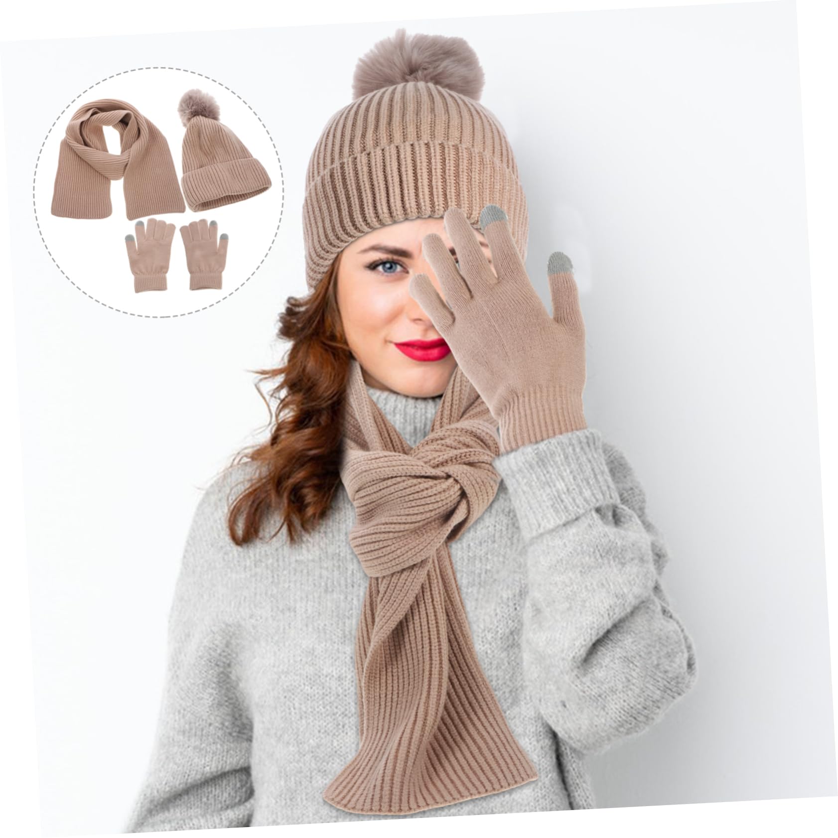 Mitones de Invierno para Mujer, Set 1 Pieza, Hilo de Lana, Caqui