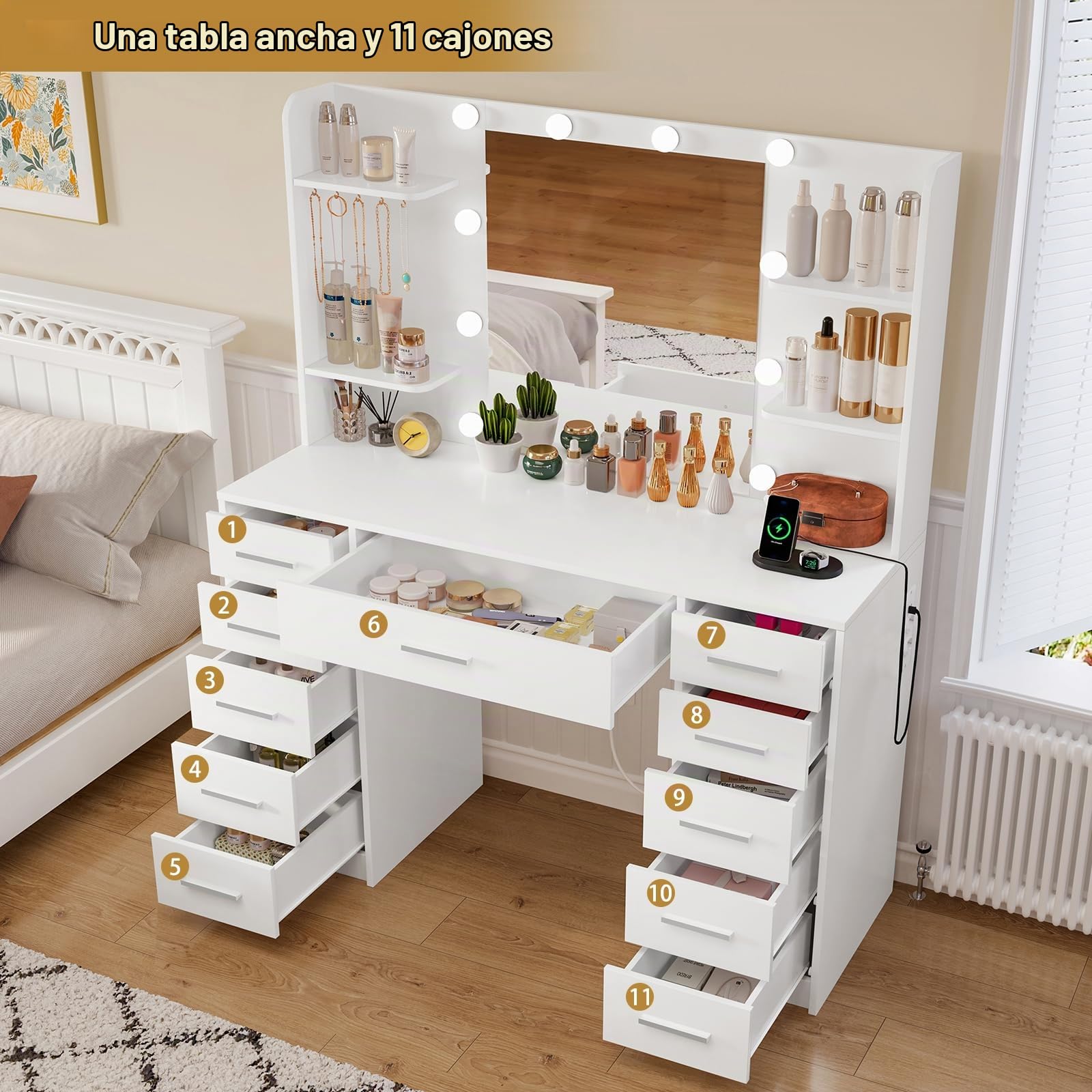 TEENFON Tocador de Maquillaje con Luces LED Regulables y enchufes, Mesa de Maquillaje con Espejo, 4 estantes Abiertos y 5 Ganchos para Joyas, Blanco, Tocador con 11 Cajones