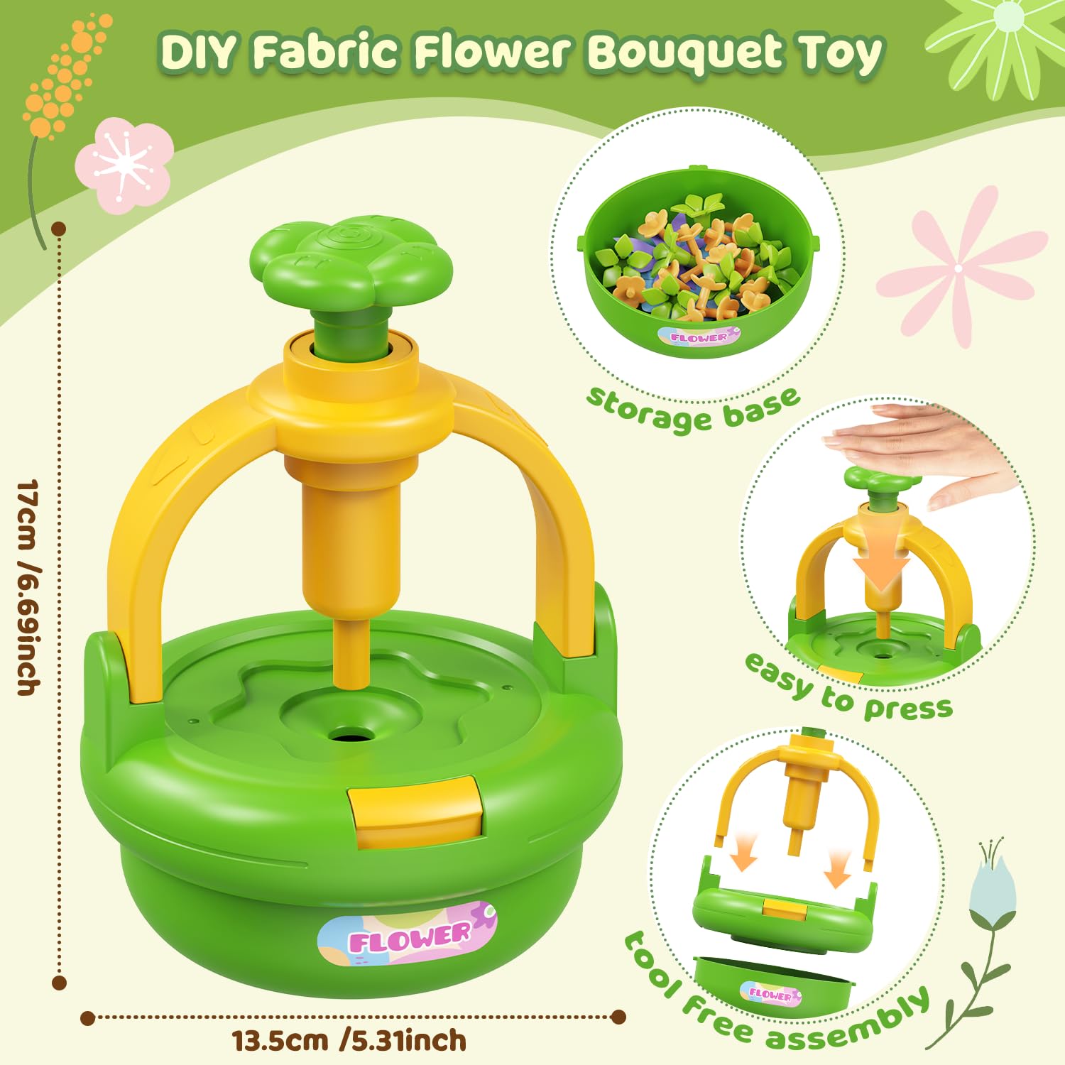 TingingYuli Set di artigianato per bambini dai 4 agli 8 anni, mazzi di fiori di stoffa fai da te, bouquet esclusivi per ragazze dai 3 ai 9 anni e regalo di compleanno (Green)