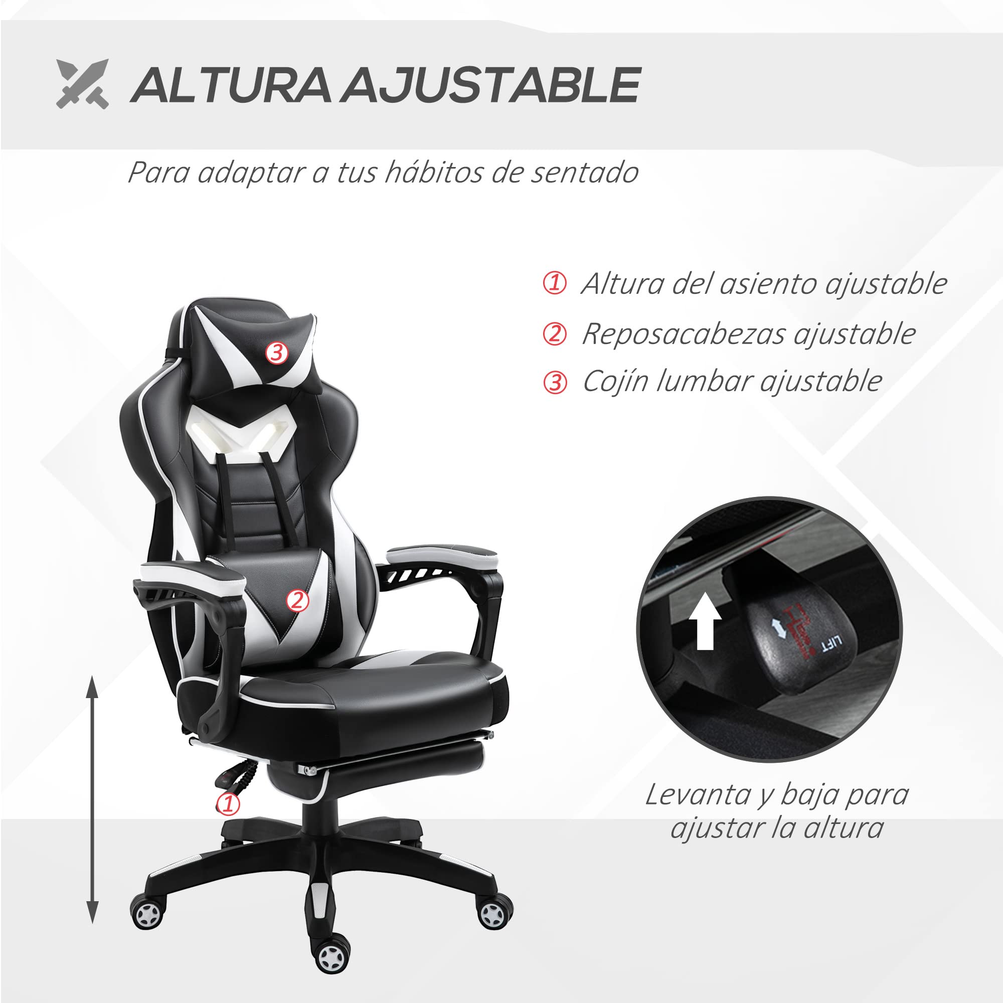 Vinsetto Silla Gaming Regulable en Altura 65x70x118,5-128,5 cm Blanco | Ergonómica, Silla de Escritorio de Oficina, Respaldo Reclinable, Reposapiés, Reposacabezas, Cojín Lumbar, Ruedas