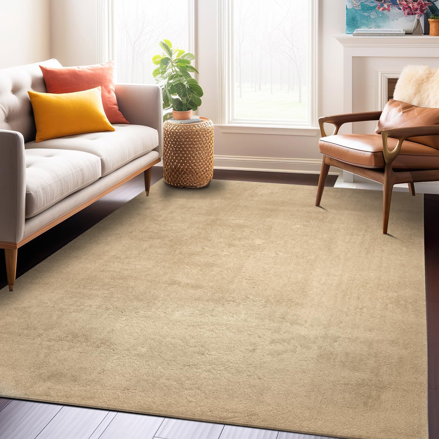 RUGURA Alfombra de Salón Dormitorio Habitación Comedor Pelo Corto y Suave Grande 150x220 cm Beige Unicolor Moderna Nordica Lavable Antideslizante